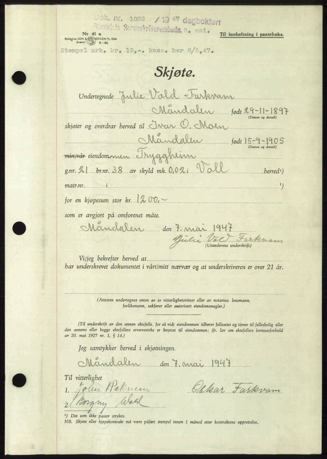 Romsdal sorenskriveri, AV/SAT-A-4149/1/2/2C: Mortgage book no. A23, 1947-1947, Diary no: : 1022/1947