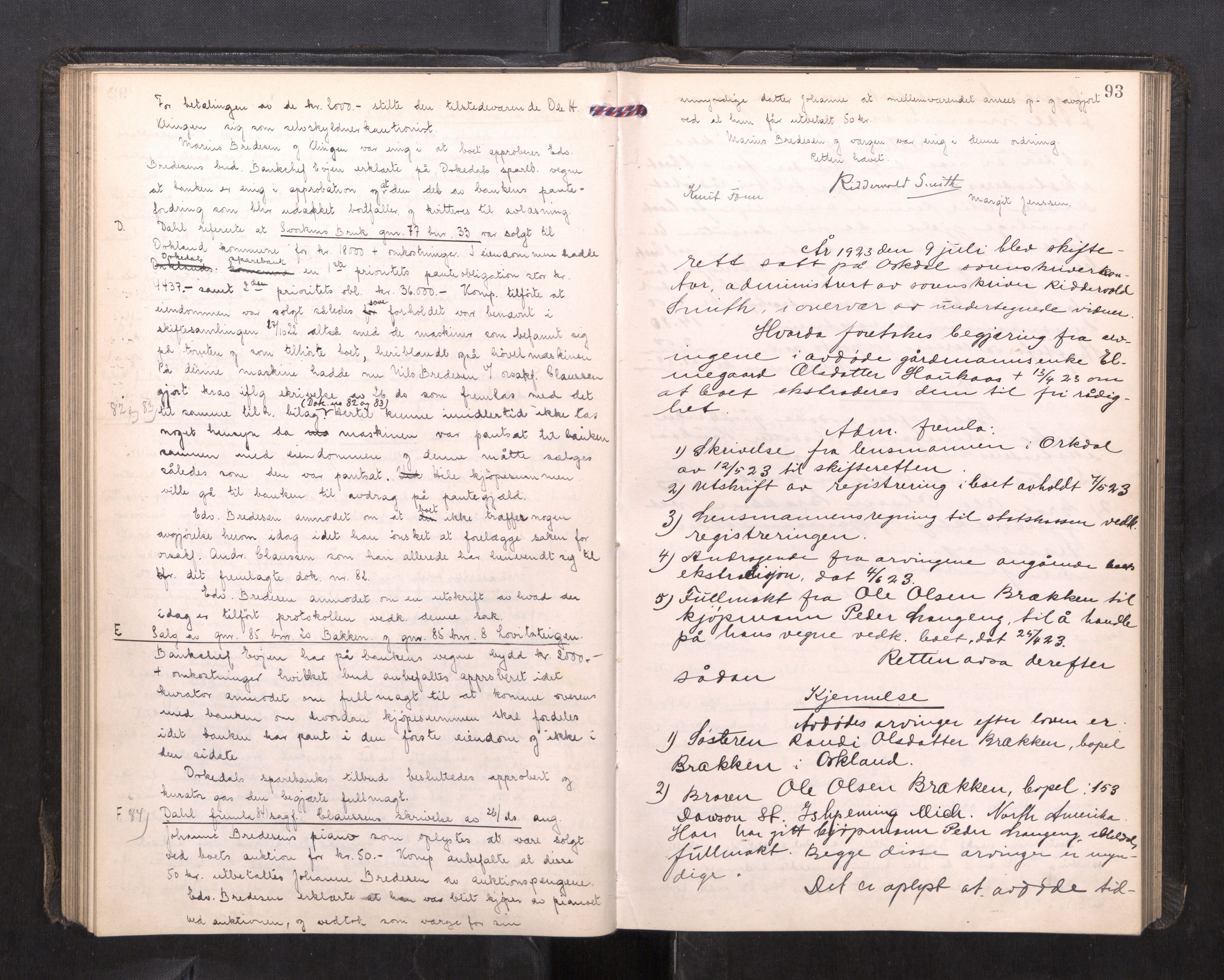 Orkdal sorenskriveri, AV/SAT-A-4169/1/3/3B/L0015: Skiftebehandlingsprotokoll, 1919-1927, p. 92b-93a