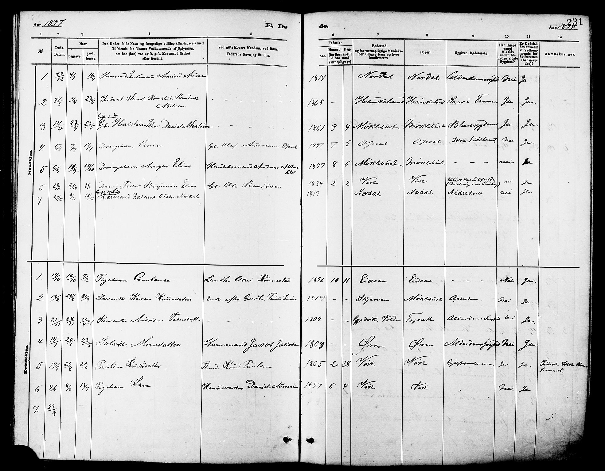 Ministerialprotokoller, klokkerbøker og fødselsregistre - Møre og Romsdal, AV/SAT-A-1454/502/L0027: Parish register (copy) no. 502C01, 1878-1908, p. 231