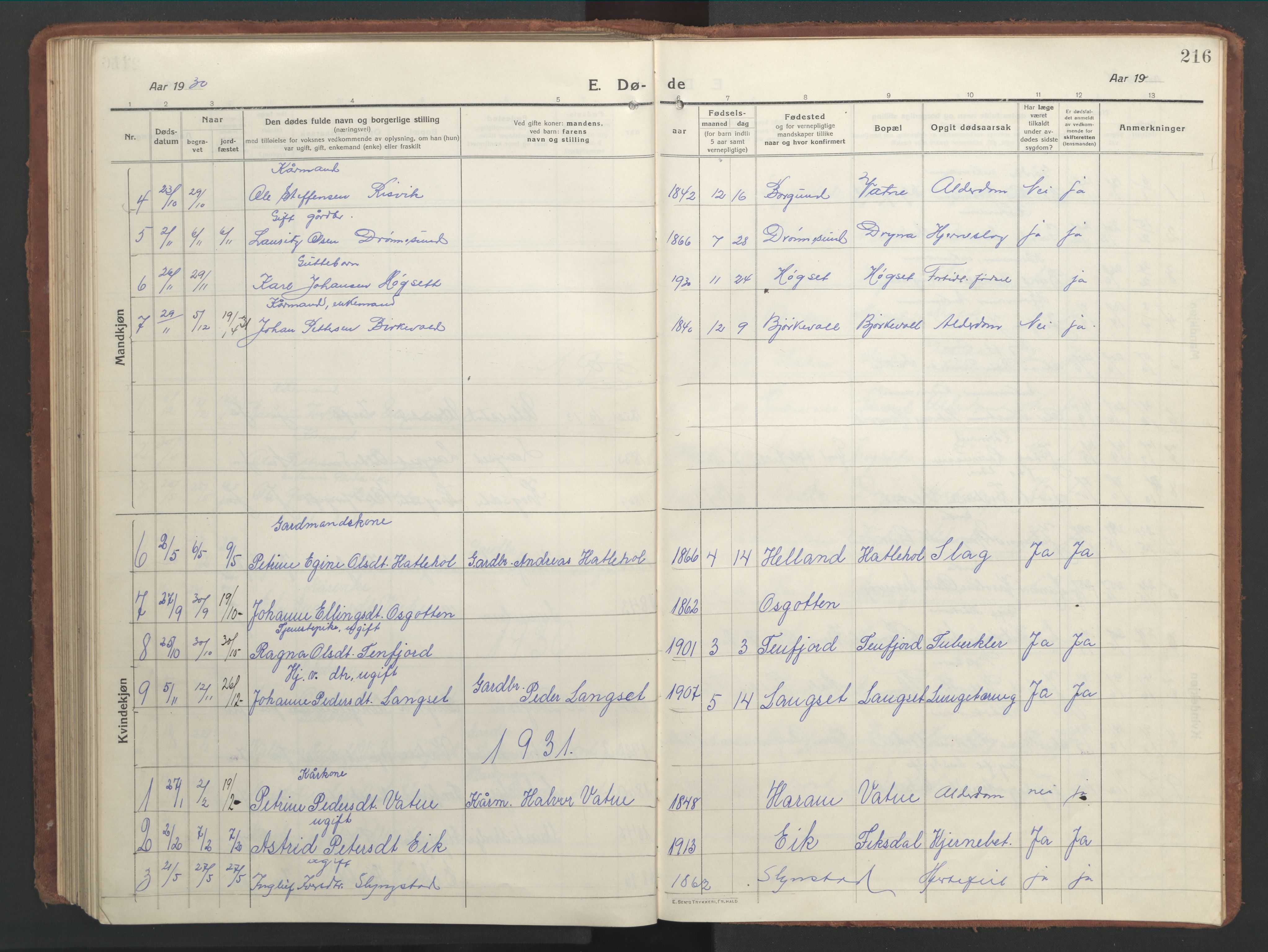 Ministerialprotokoller, klokkerbøker og fødselsregistre - Møre og Romsdal, SAT/A-1454/525/L0378: Parish register (copy) no. 525C04, 1915-1947, p. 216