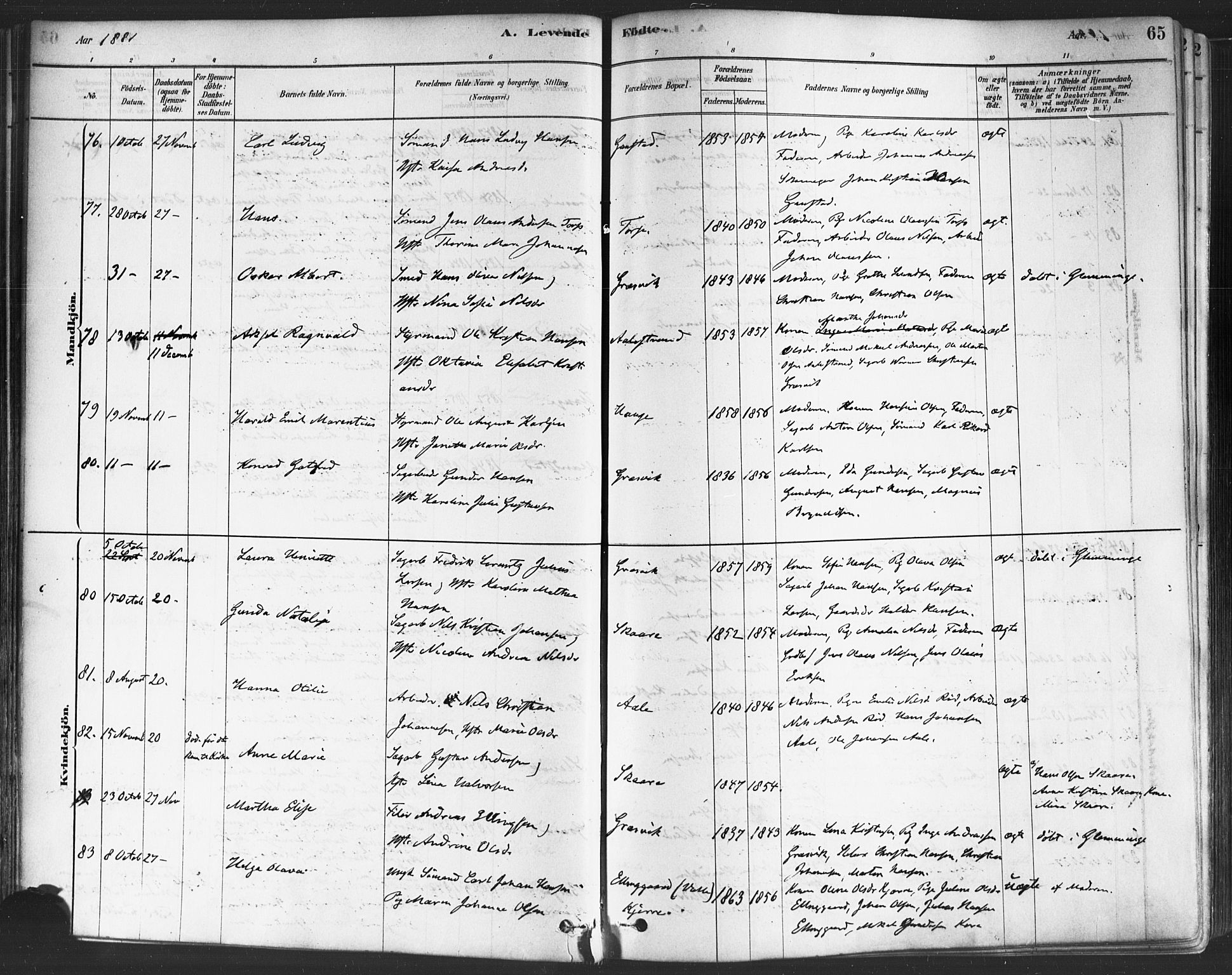 Onsøy prestekontor Kirkebøker, AV/SAO-A-10914/F/Fa/L0005: Parish register (official) no. I 5, 1878-1898, p. 65