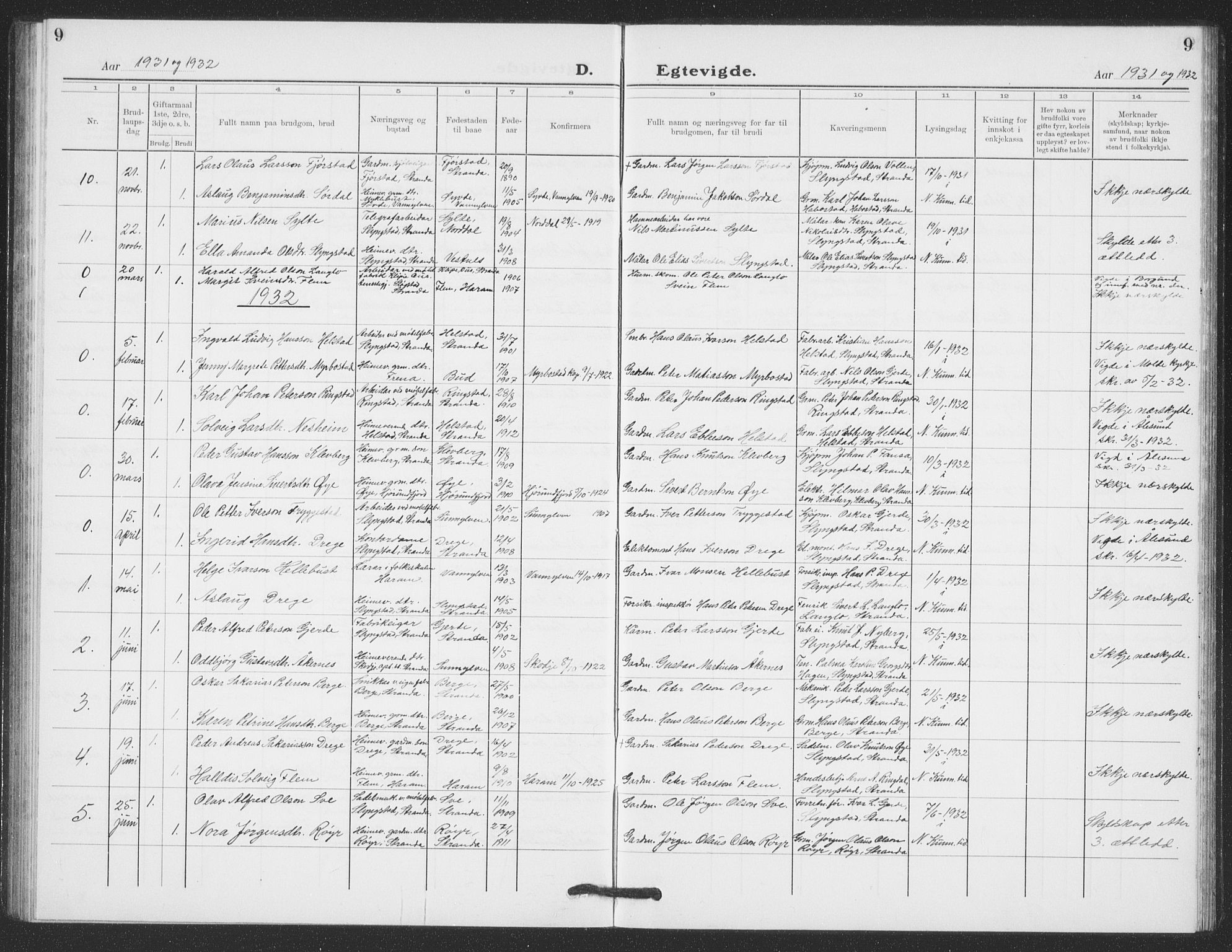 Ministerialprotokoller, klokkerbøker og fødselsregistre - Møre og Romsdal, SAT/A-1454/520/L0294: Parish register (copy) no. 520C06, 1923-1938, p. 9