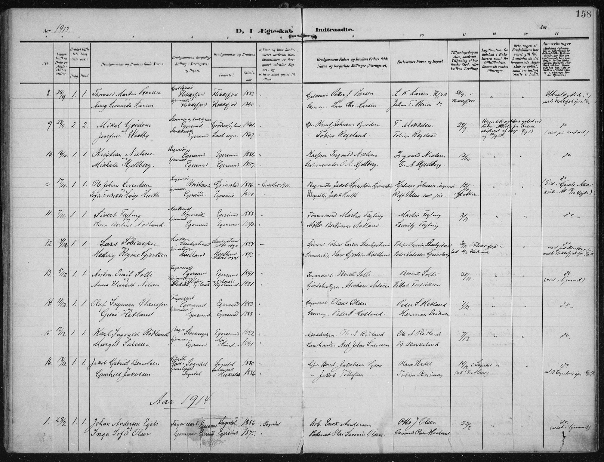 Eigersund sokneprestkontor, SAST/A-101807/S08/L0022: Parish register (official) no. A 21, 1905-1928, p. 158