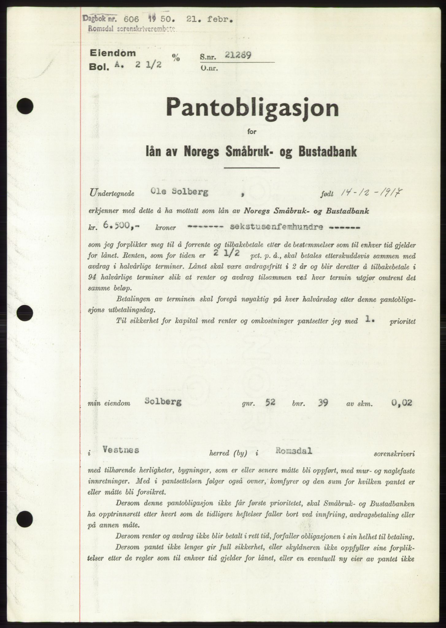 Romsdal sorenskriveri, AV/SAT-A-4149/1/2/2C: Mortgage book no. B5, 1949-1950, Diary no: : 606/1950