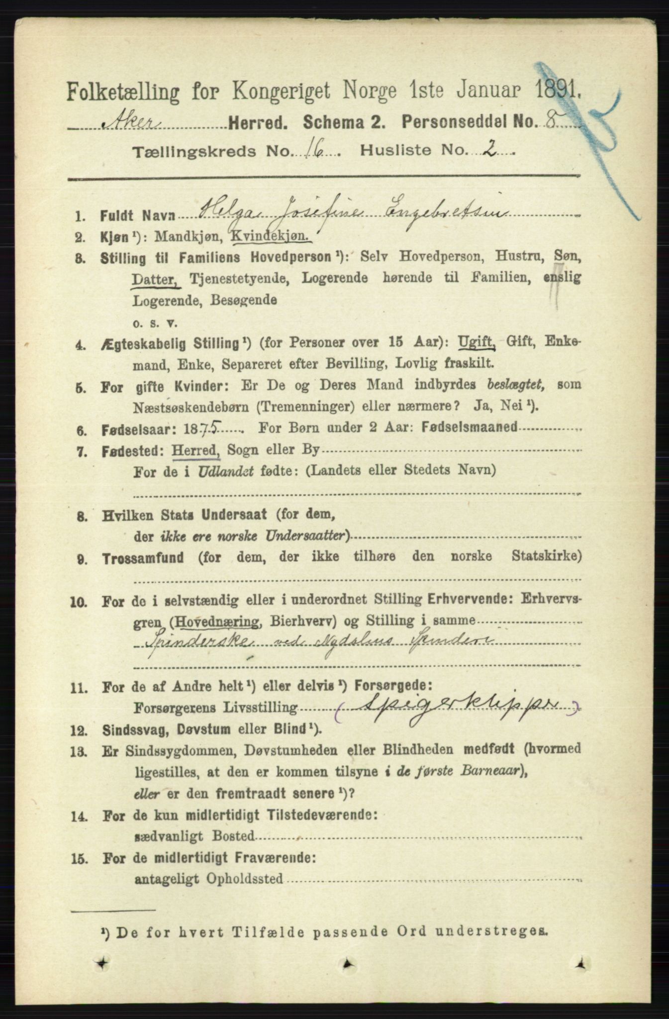 RA, 1891 census for 0218 Aker, 1891, p. 14051