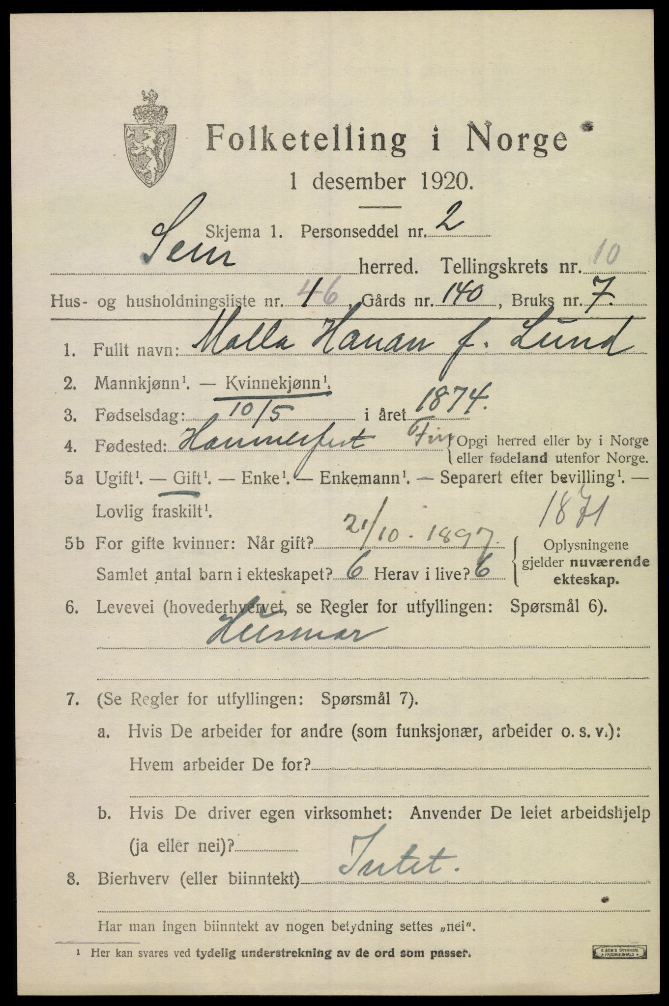 SAKO, 1920 census for Sem, 1920, p. 14083
