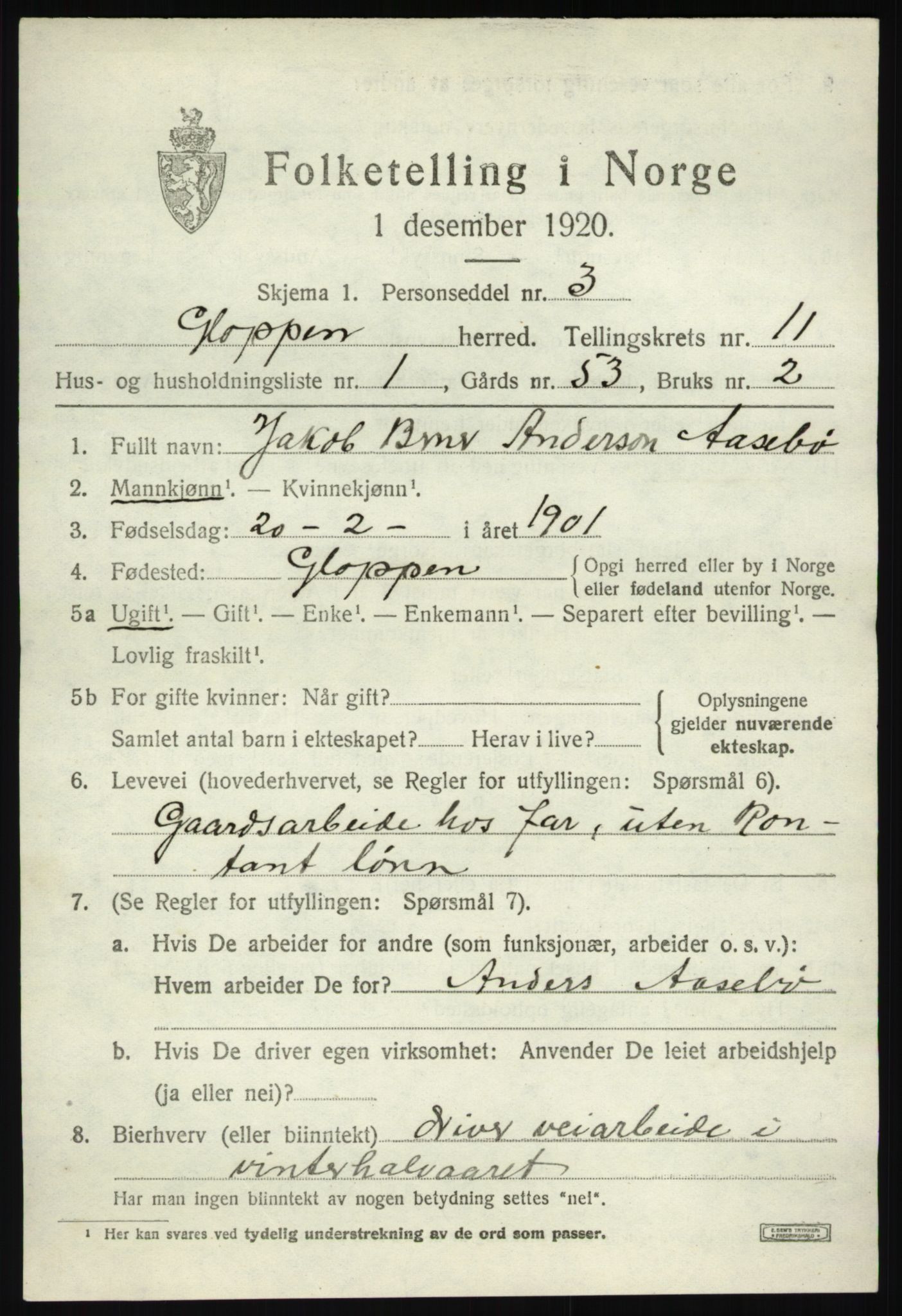 SAB, 1920 census for Gloppen, 1920, p. 5478