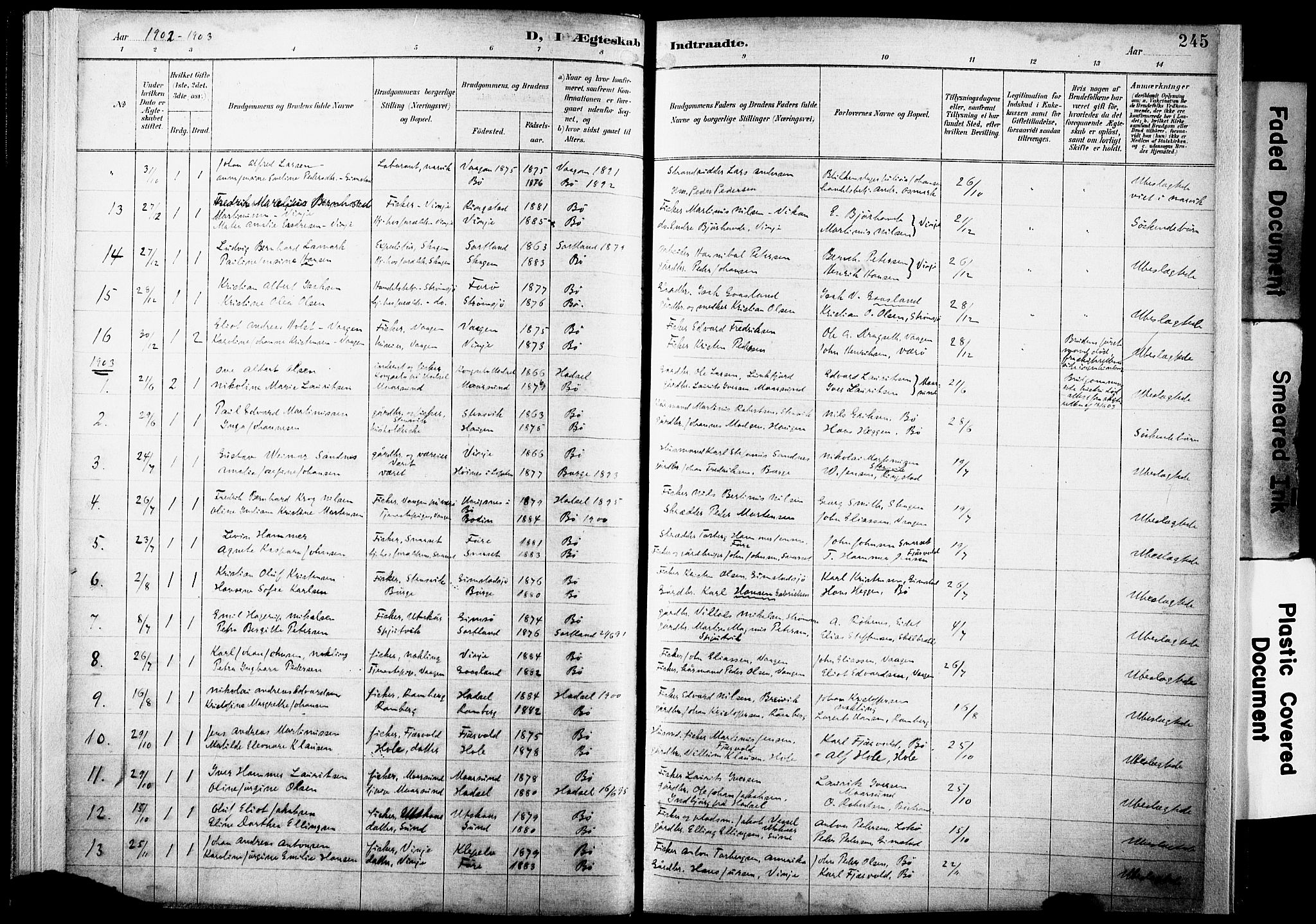 Ministerialprotokoller, klokkerbøker og fødselsregistre - Nordland, AV/SAT-A-1459/891/L1305: Parish register (official) no. 891A10, 1895-1921, p. 245