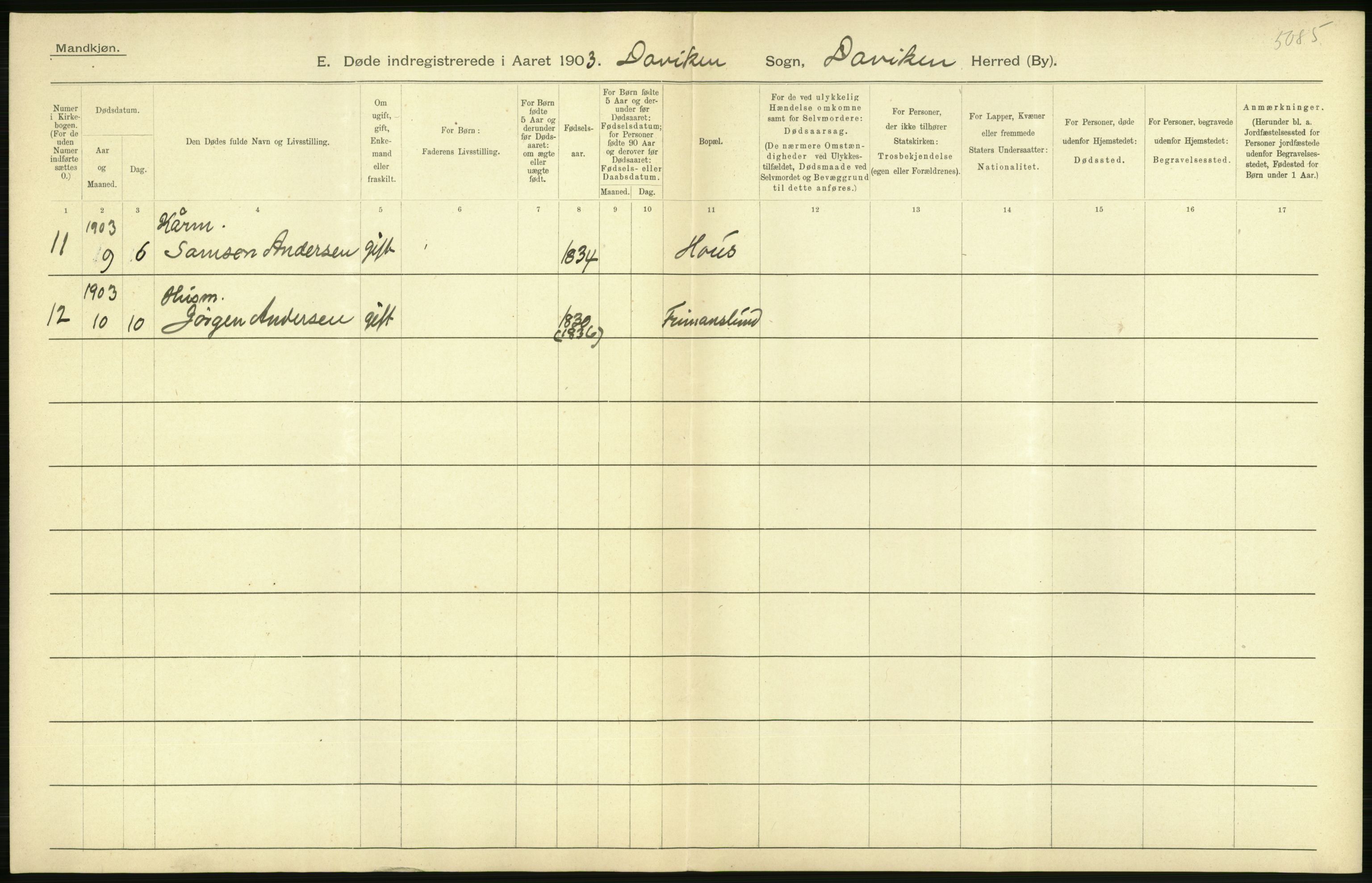 Statistisk sentralbyrå, Sosiodemografiske emner, Befolkning, RA/S-2228/D/Df/Dfa/Dfaa/L0015: Nordre Bergenhus: Fødte, gifte, døde. Bygder, 1903, p. 480