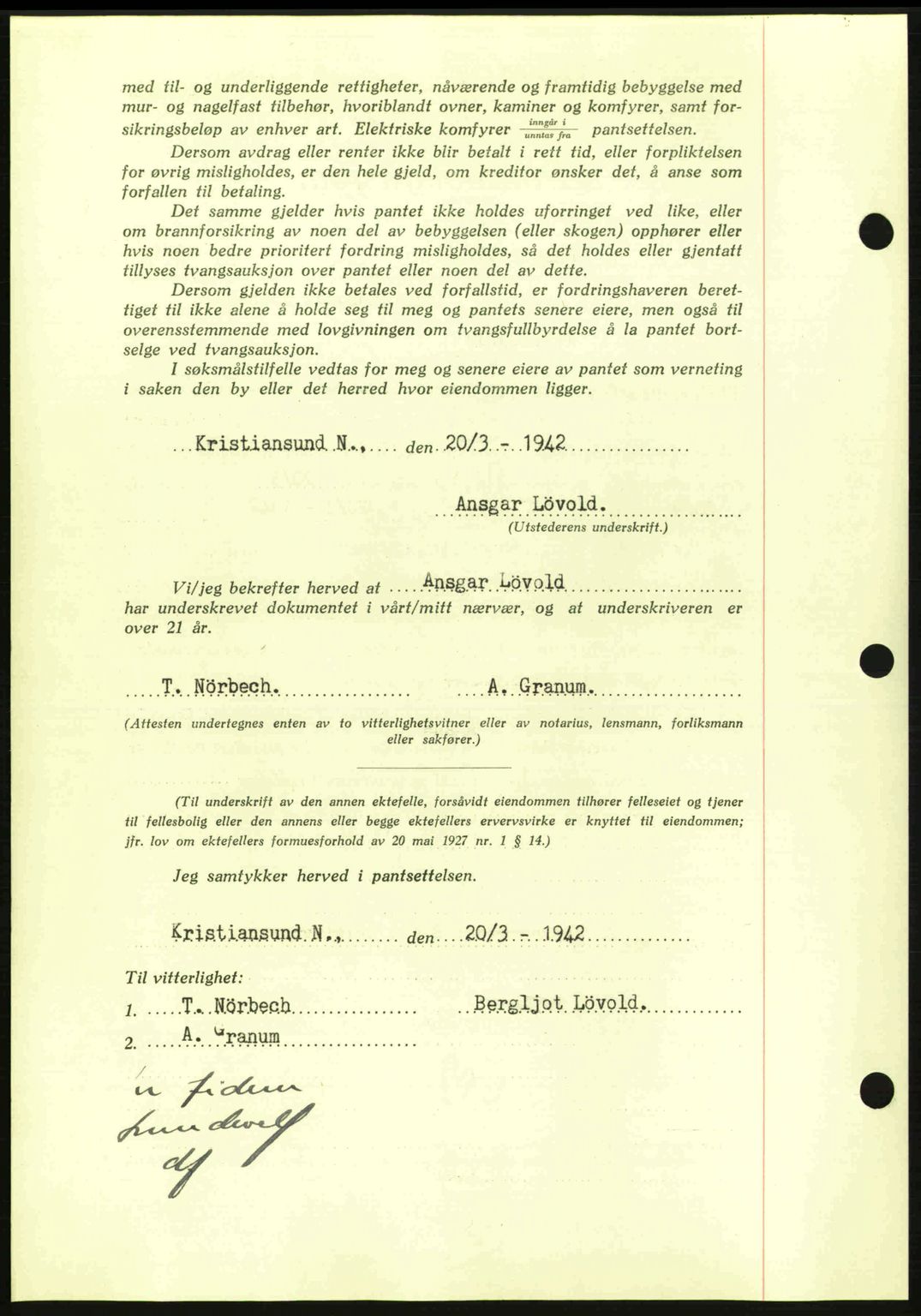 Kristiansund byfogd, AV/SAT-A-4587/A/27: Mortgage book no. 35, 1941-1942, Diary no: : 524/1942