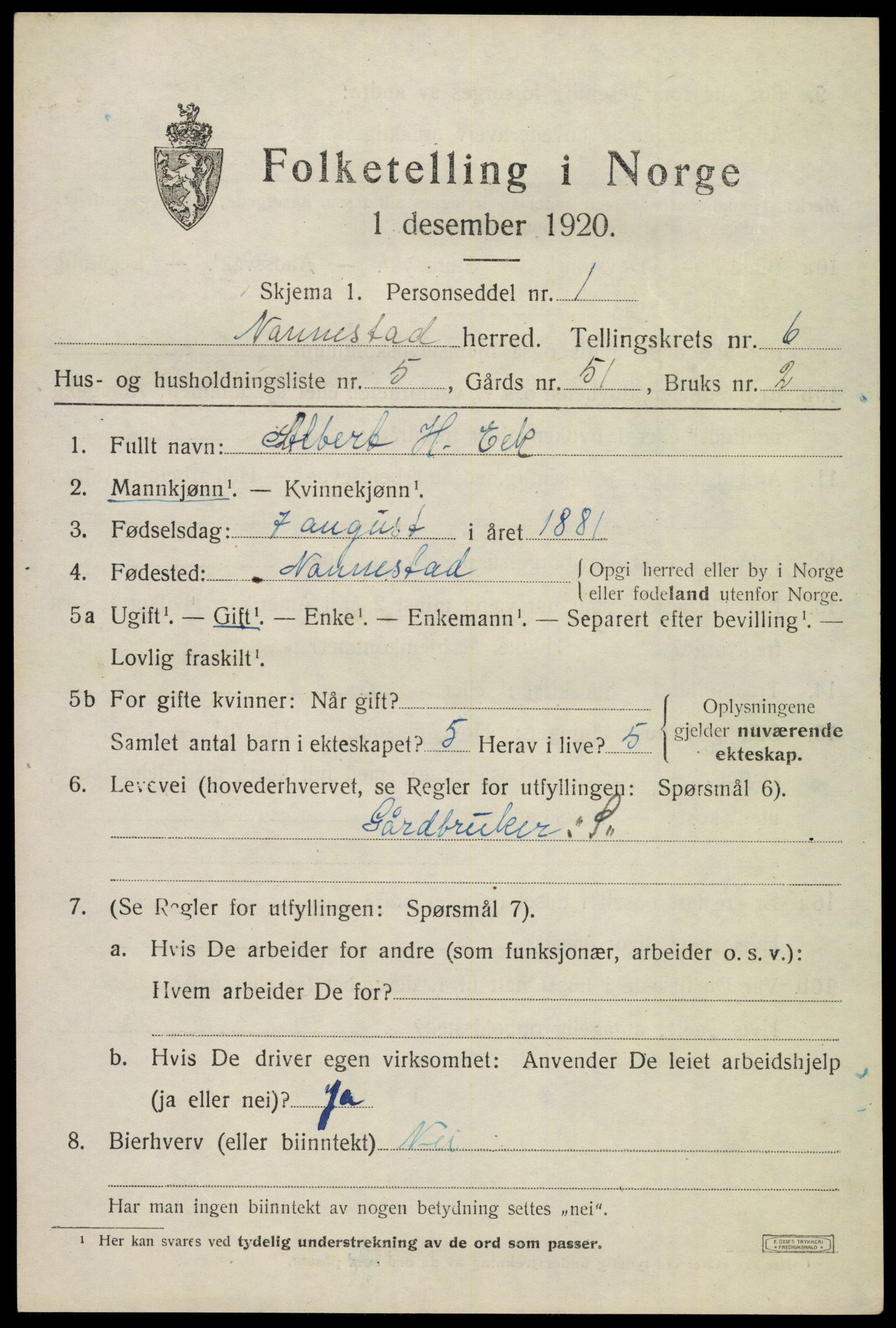 SAO, 1920 census for Nannestad, 1920, p. 7616