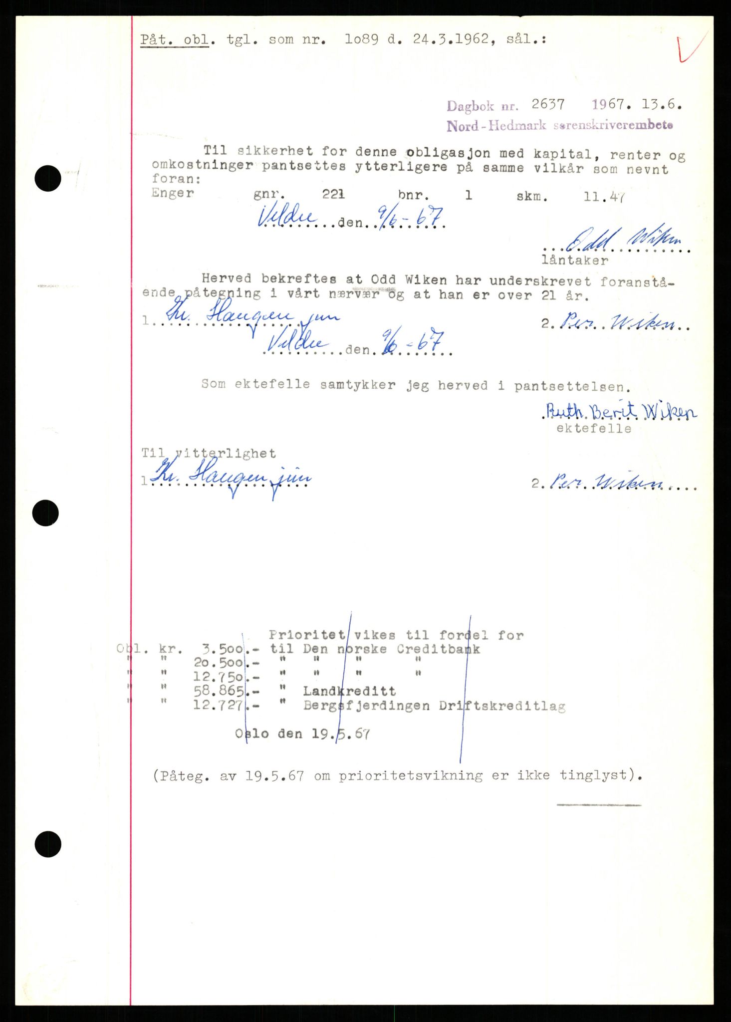 Nord-Hedmark sorenskriveri, SAH/TING-012/H/Hb/Hbf/L0071: Mortgage book no. B71, 1967-1967, Diary no: : 2637/1967