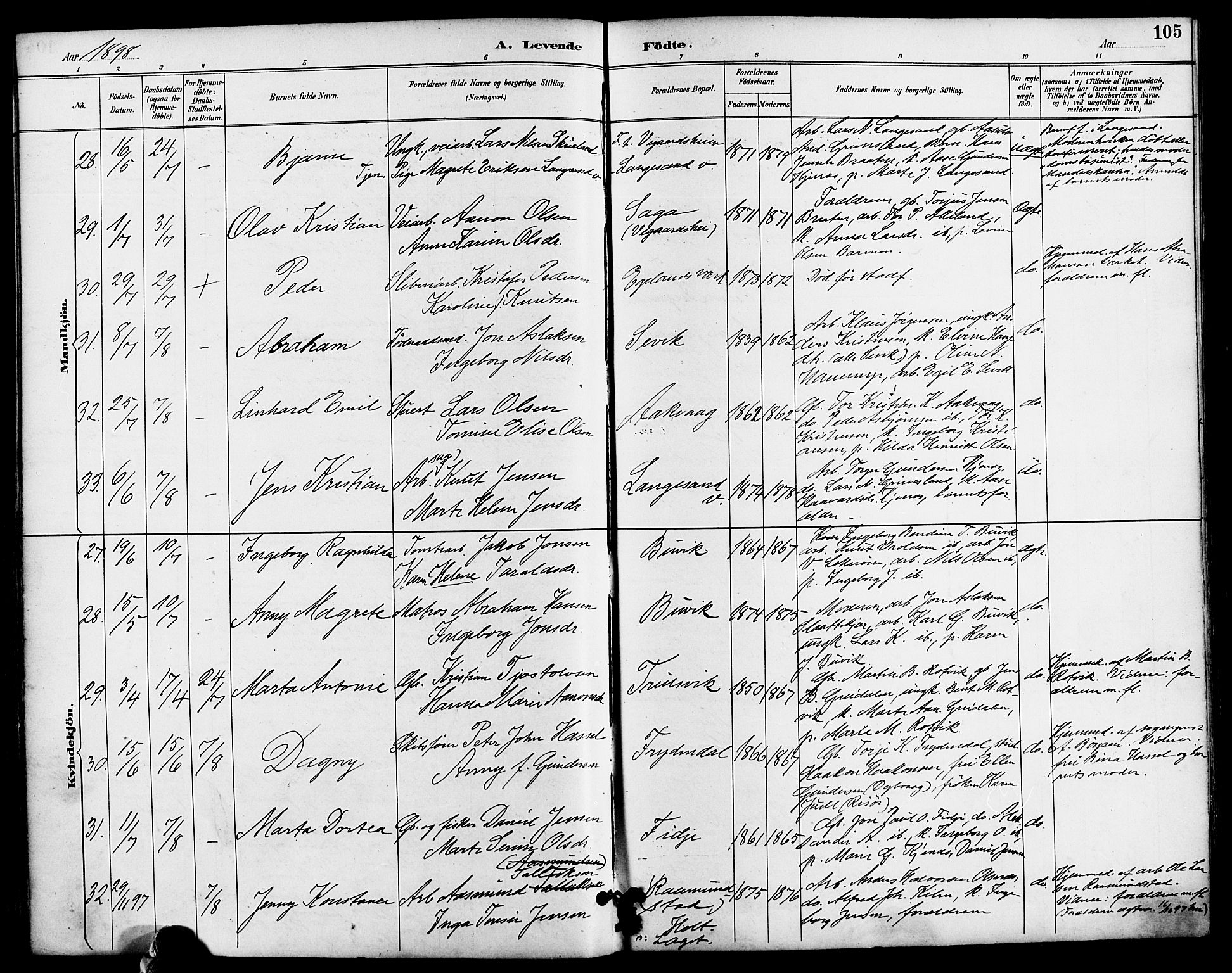 Søndeled sokneprestkontor, AV/SAK-1111-0038/F/Fa/L0005: Parish register (official) no. A 5, 1889-1899, p. 105