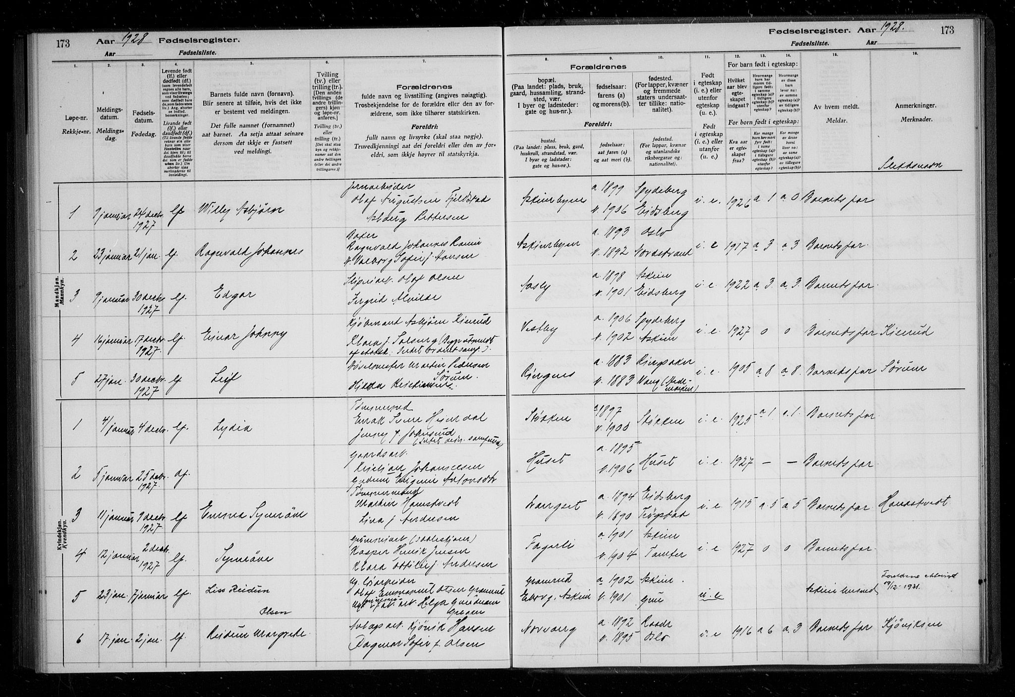 Askim prestekontor Kirkebøker, AV/SAO-A-10900/J/Ja/L0001: Birth register no. 1, 1916-1929, p. 173