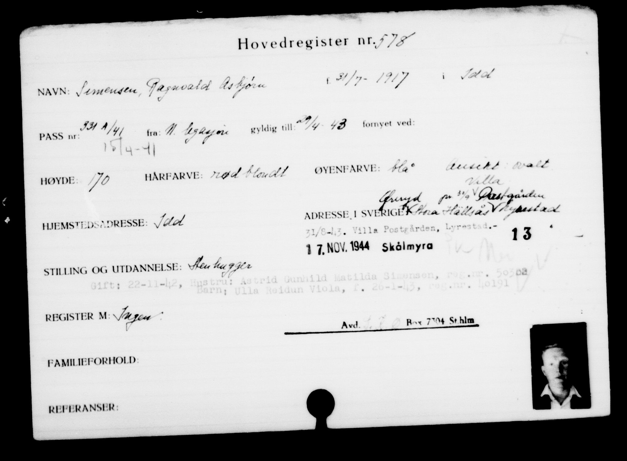 Utenriksstasjonene, Legasjonen i Stockholm, Flyktningkontoret, AV/RA-S-6753/V/Va/L0001: Kjesäterkartoteket, flyktninger med registreringsnr. 1-1000, 1940-1945, p. 900