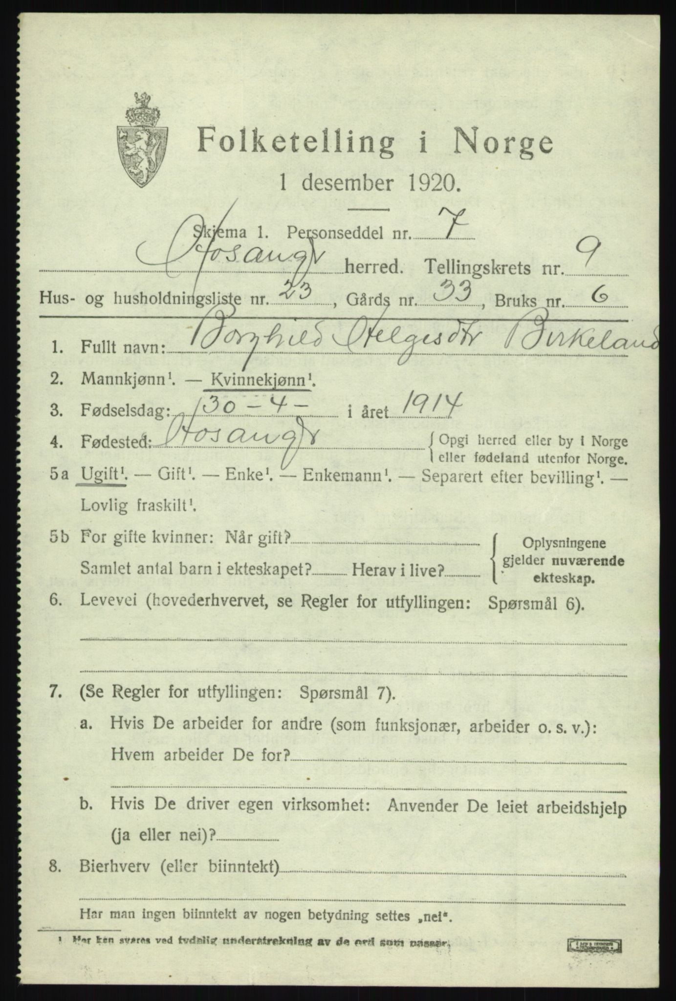 SAB, 1920 census for Hosanger, 1920, p. 4177
