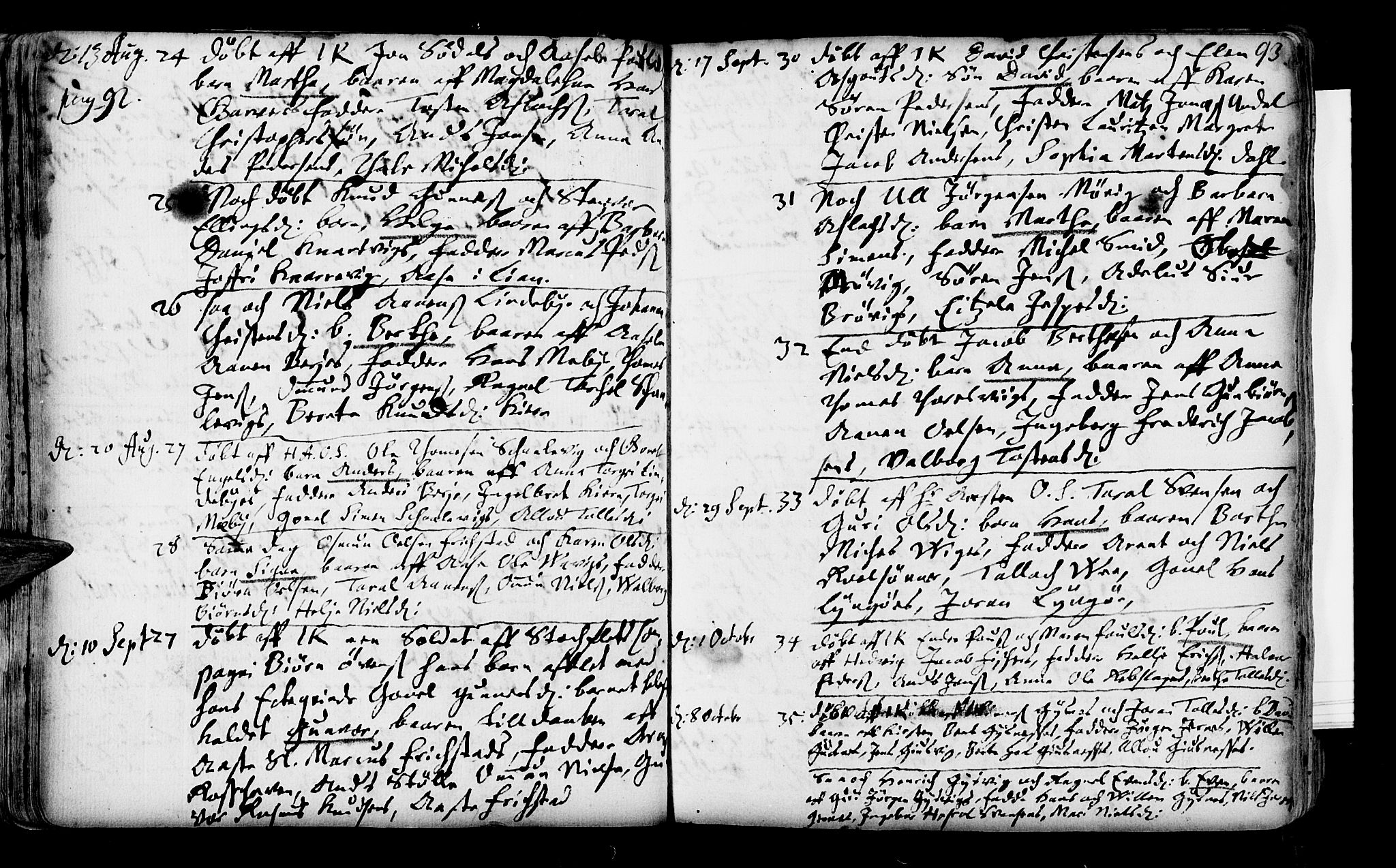 Oddernes sokneprestkontor, SAK/1111-0033/F/Fa/Faa/L0001: Parish register (official) no. A 1, 1692-1718, p. 92-93