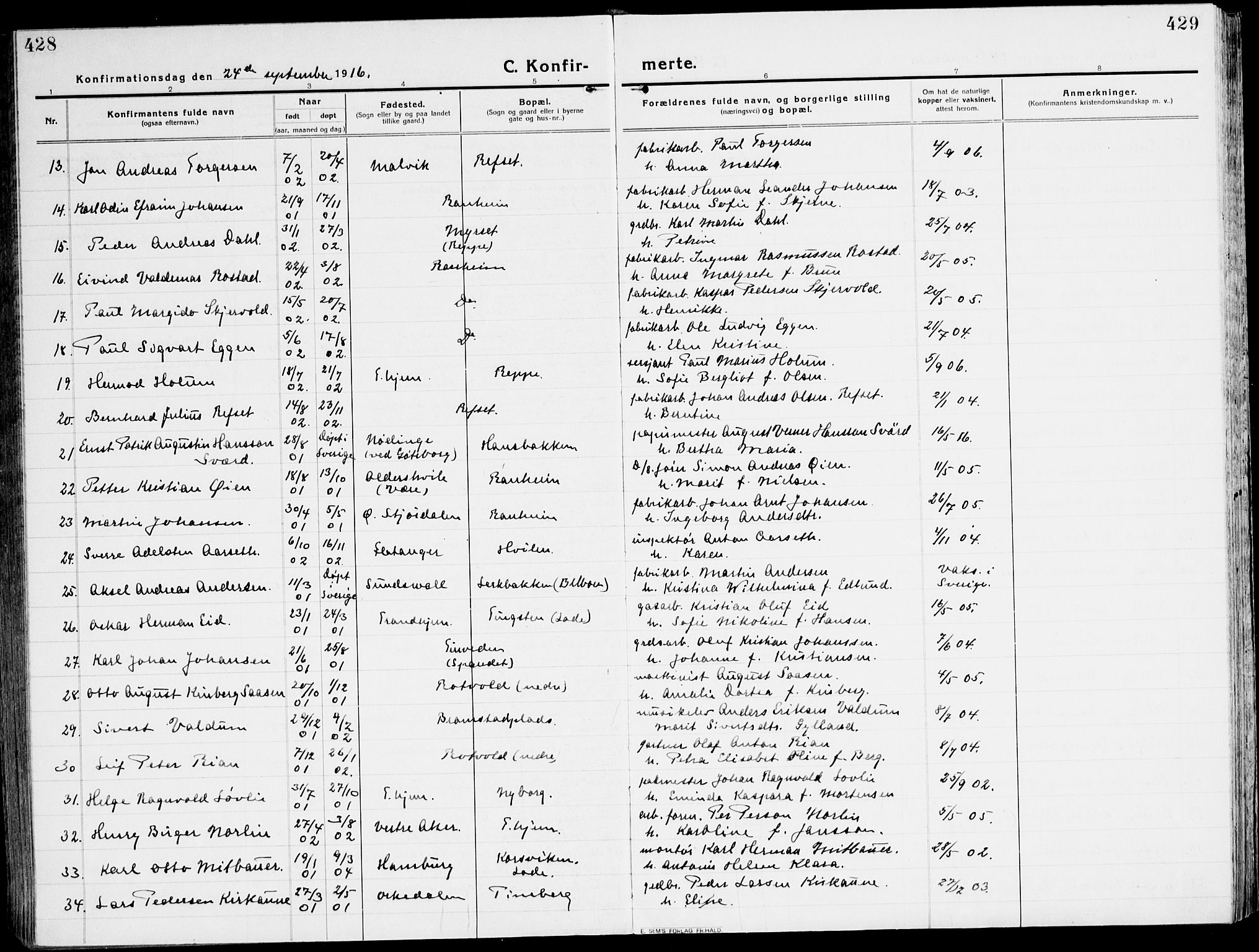 Ministerialprotokoller, klokkerbøker og fødselsregistre - Sør-Trøndelag, AV/SAT-A-1456/607/L0321: Parish register (official) no. 607A05, 1916-1935, p. 428-429