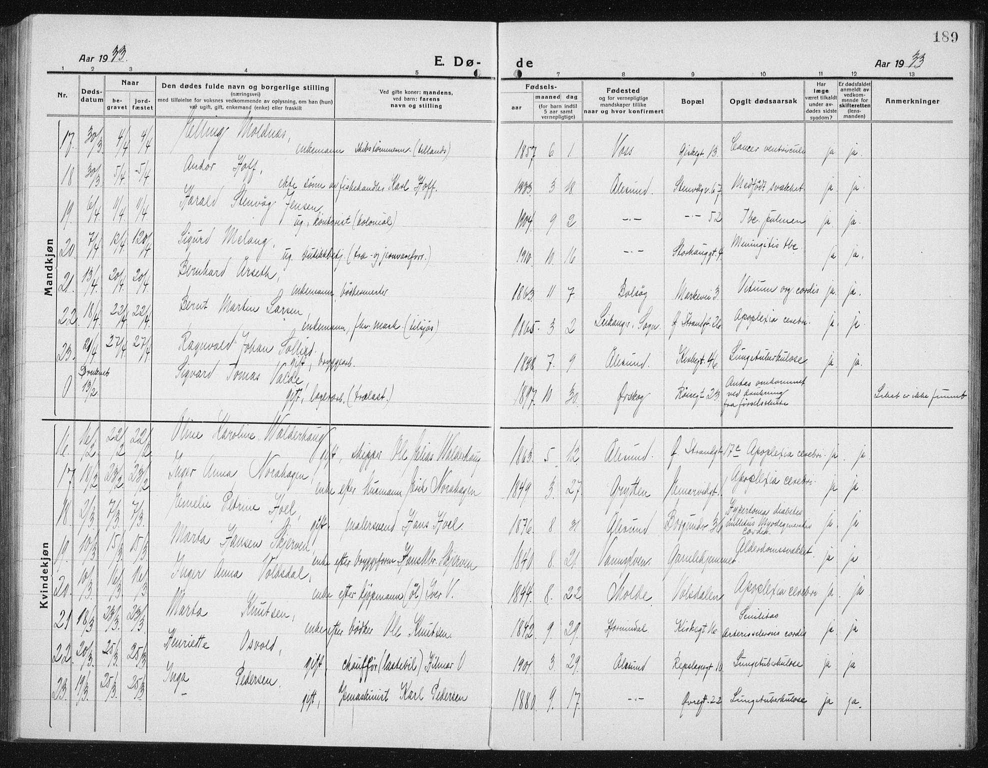 Ministerialprotokoller, klokkerbøker og fødselsregistre - Møre og Romsdal, AV/SAT-A-1454/529/L0474: Parish register (copy) no. 529C11, 1918-1938, p. 189