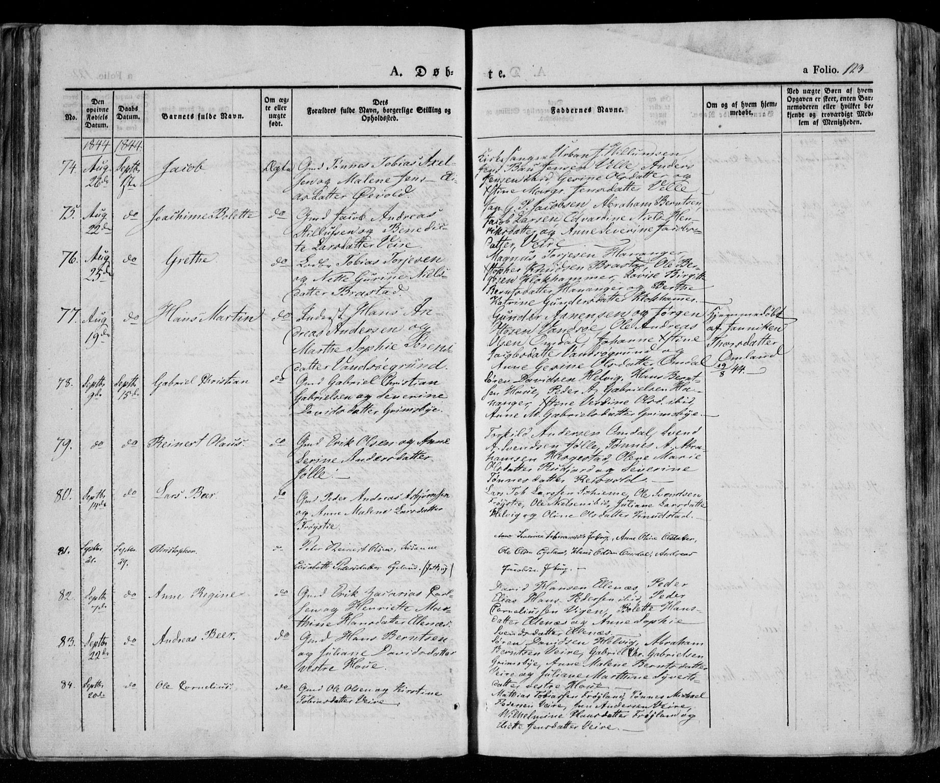 Lista sokneprestkontor, AV/SAK-1111-0027/F/Fa/L0009: Parish register (official) no. A 9, 1835-1846, p. 123