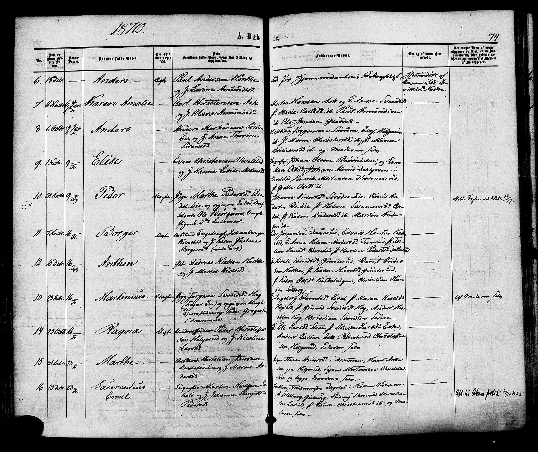 Lier kirkebøker, AV/SAKO-A-230/F/Fa/L0013: Parish register (official) no. I 13, 1865-1874, p. 74