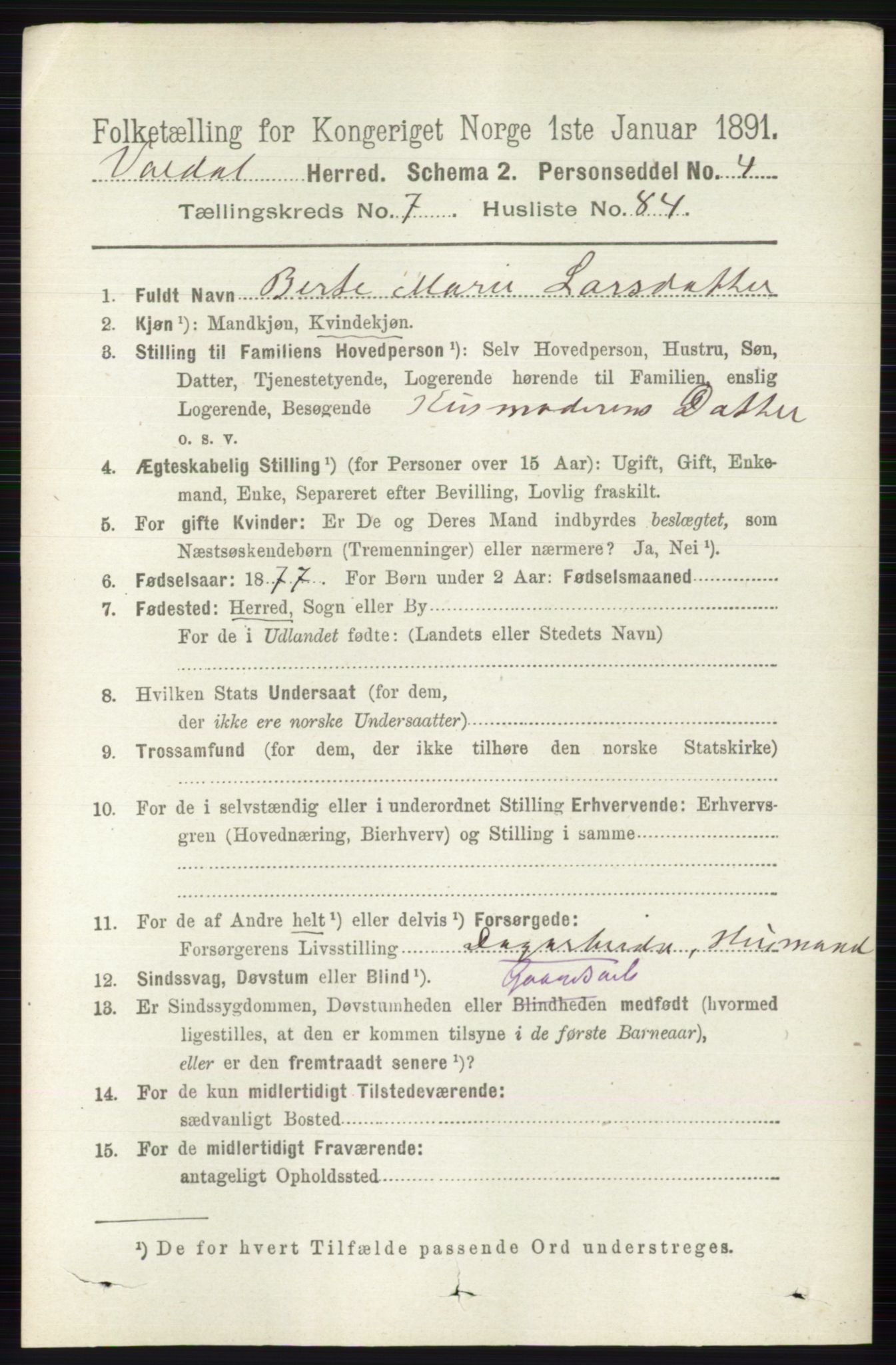 RA, 1891 census for 0527 Vardal, 1891, p. 3561