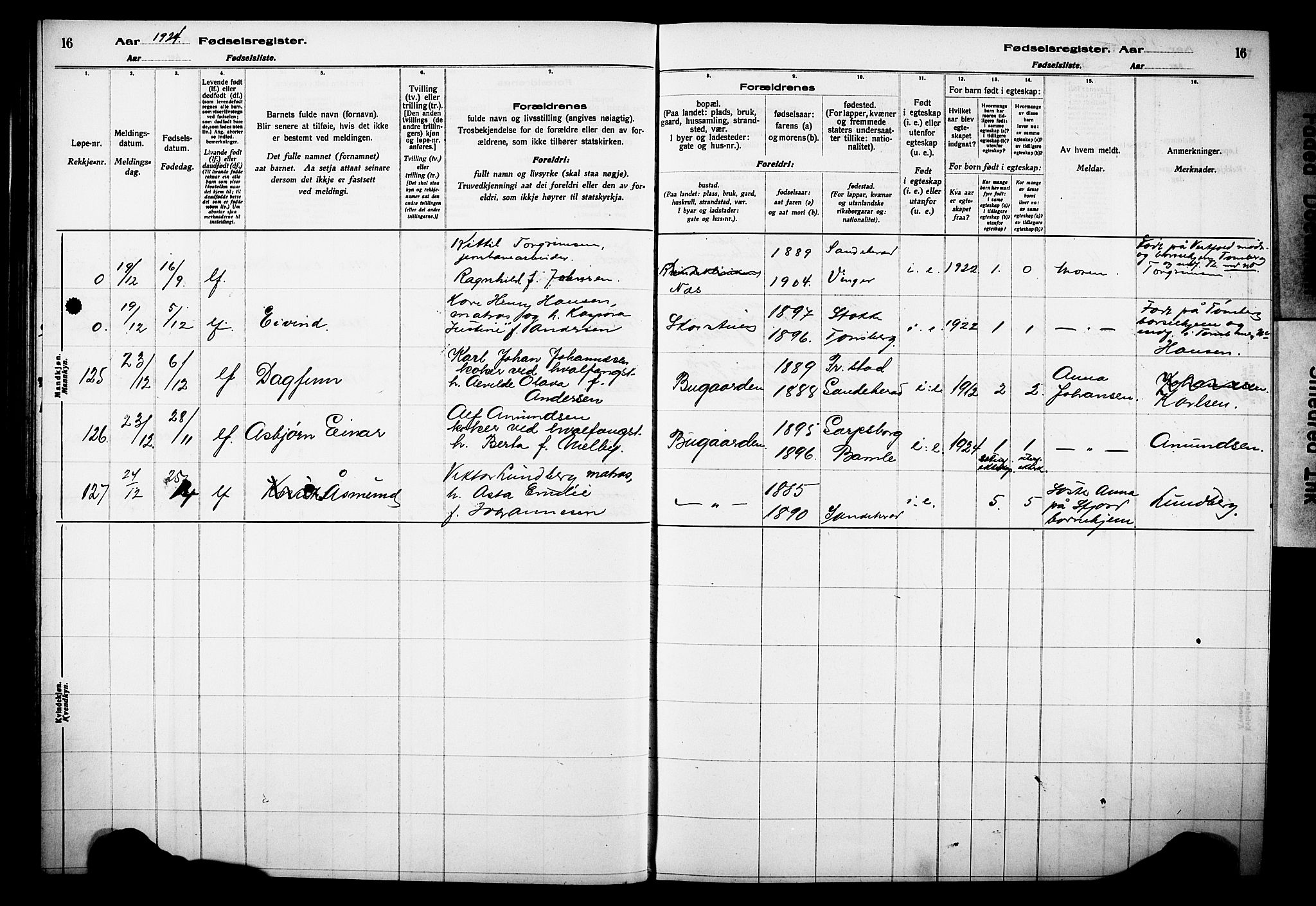 Sandar kirkebøker, AV/SAKO-A-243/J/Ja/L0002: Birth register no. 2, 1922-1929, p. 16