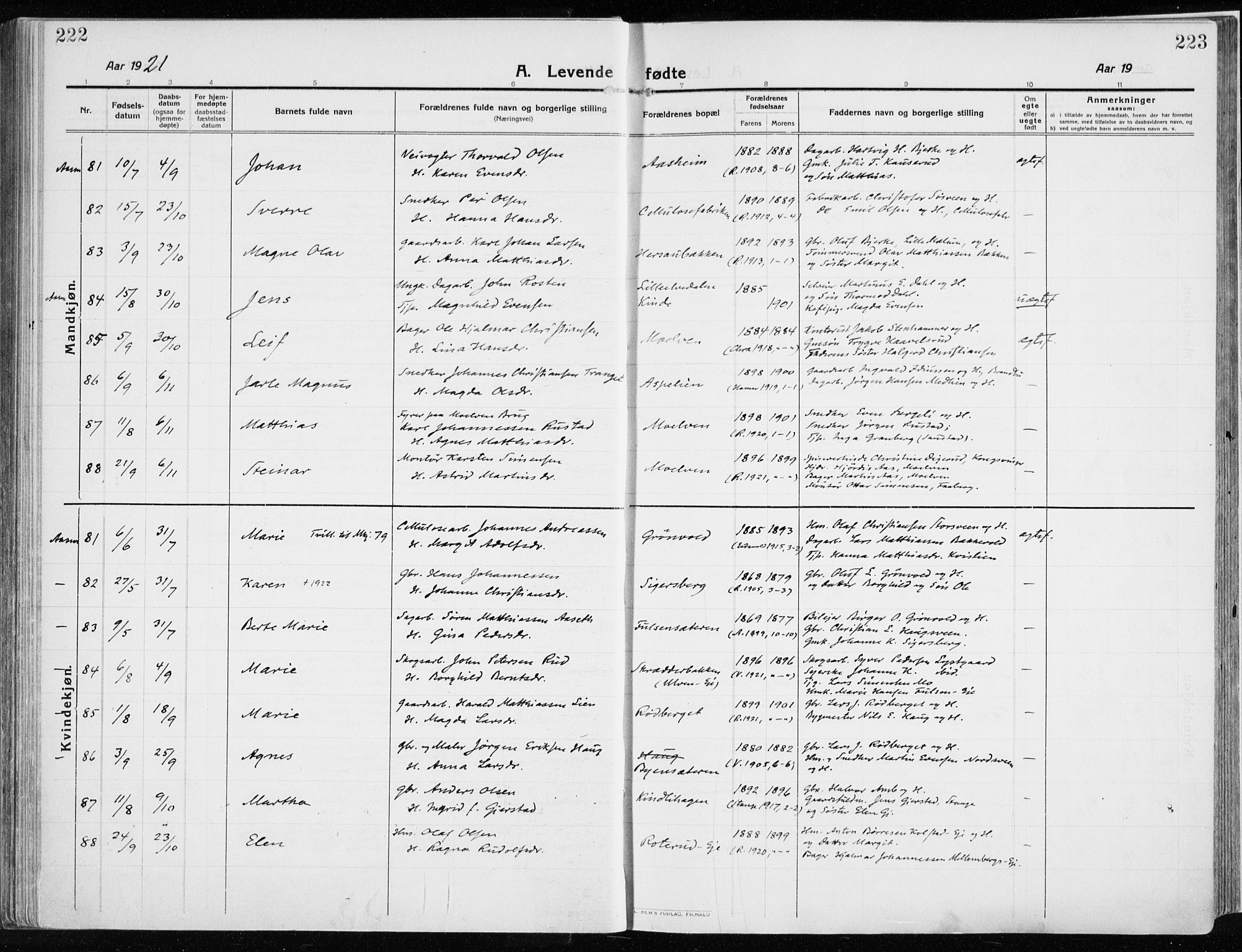 Ringsaker prestekontor, AV/SAH-PREST-014/K/Ka/L0020: Parish register (official) no. 20, 1913-1922, p. 222-223