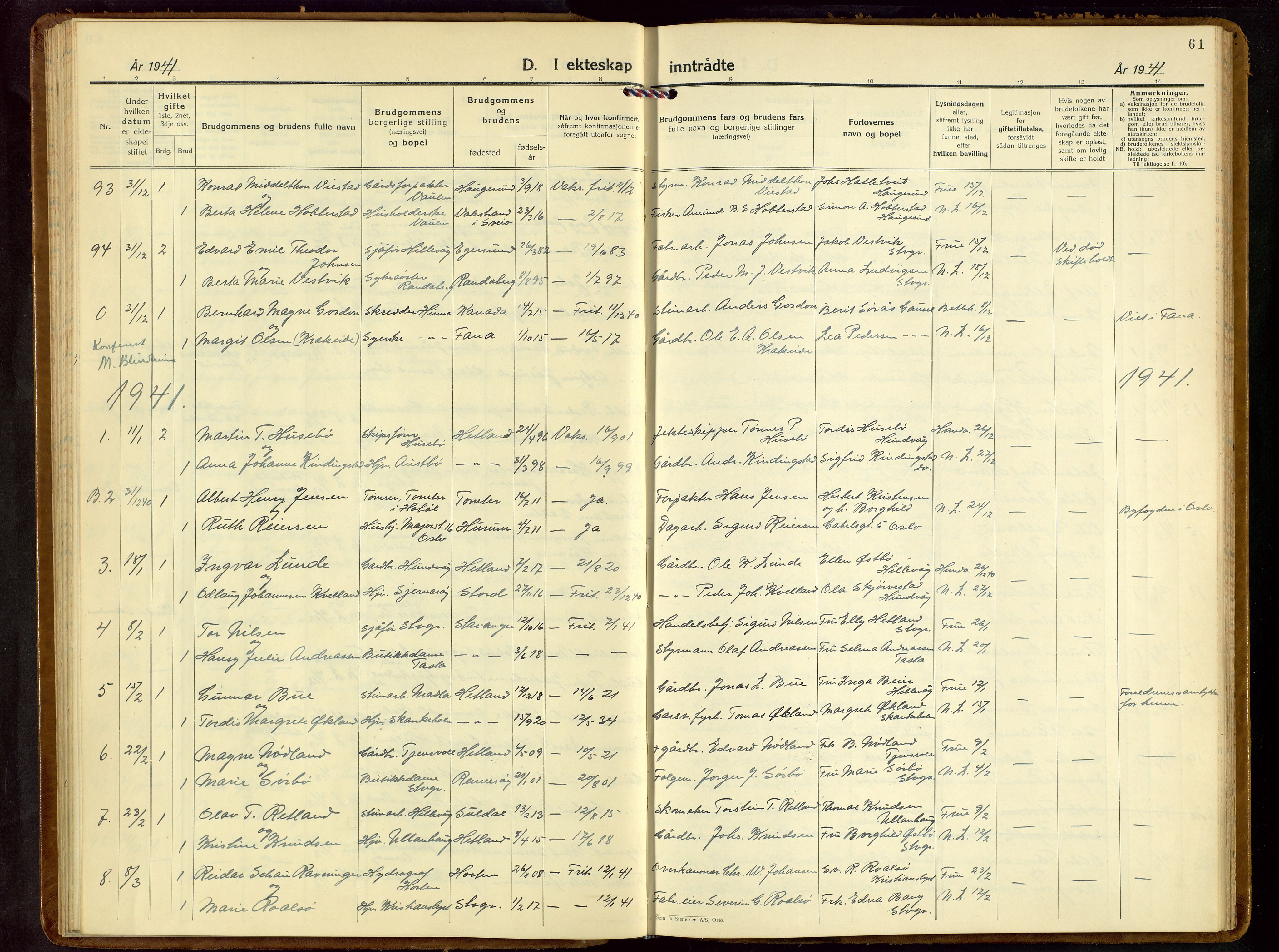 Hetland sokneprestkontor, SAST/A-101826/30/30BB/L0013: Parish register (copy) no. B 13, 1931-1952, p. 61