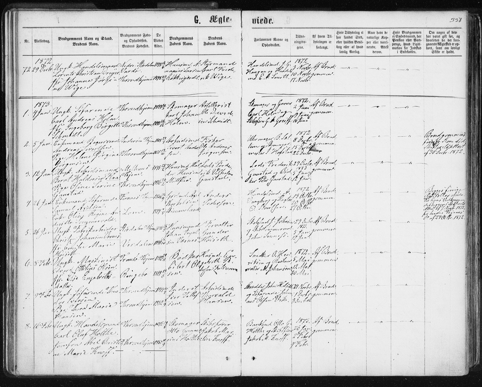 Ministerialprotokoller, klokkerbøker og fødselsregistre - Sør-Trøndelag, SAT/A-1456/601/L0055: Parish register (official) no. 601A23, 1866-1877, p. 338