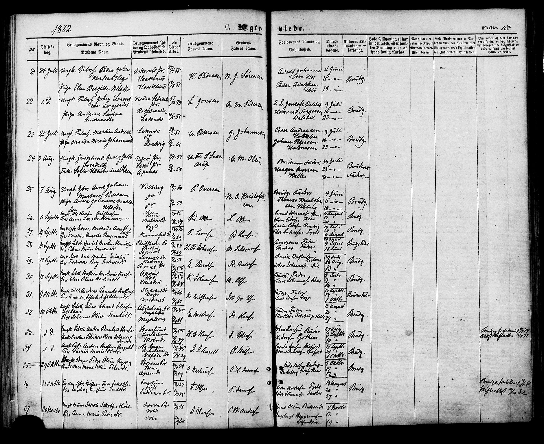 Ministerialprotokoller, klokkerbøker og fødselsregistre - Nordland, AV/SAT-A-1459/881/L1166: Parish register (copy) no. 881C03, 1876-1885, p. 160