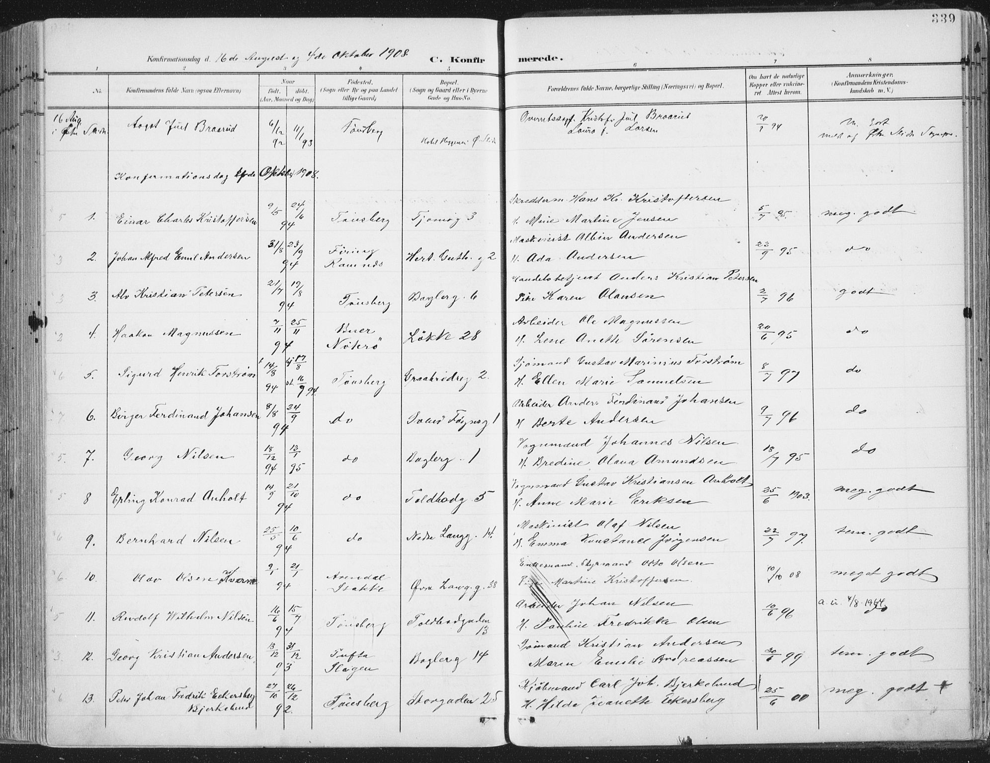 Tønsberg kirkebøker, SAKO/A-330/F/Fa/L0014: Parish register (official) no. I 14, 1900-1913, p. 339
