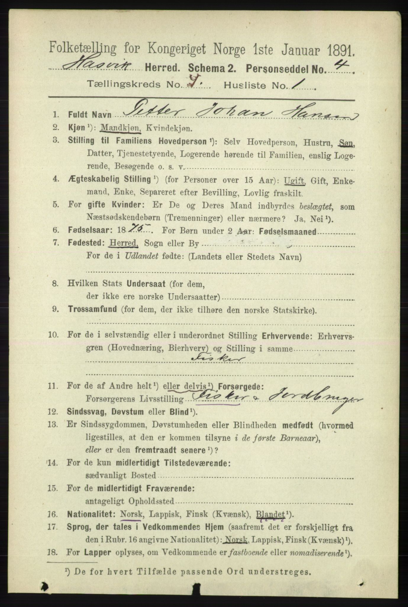 RA, 1891 census for 2015 Hasvik, 1891, p. 492