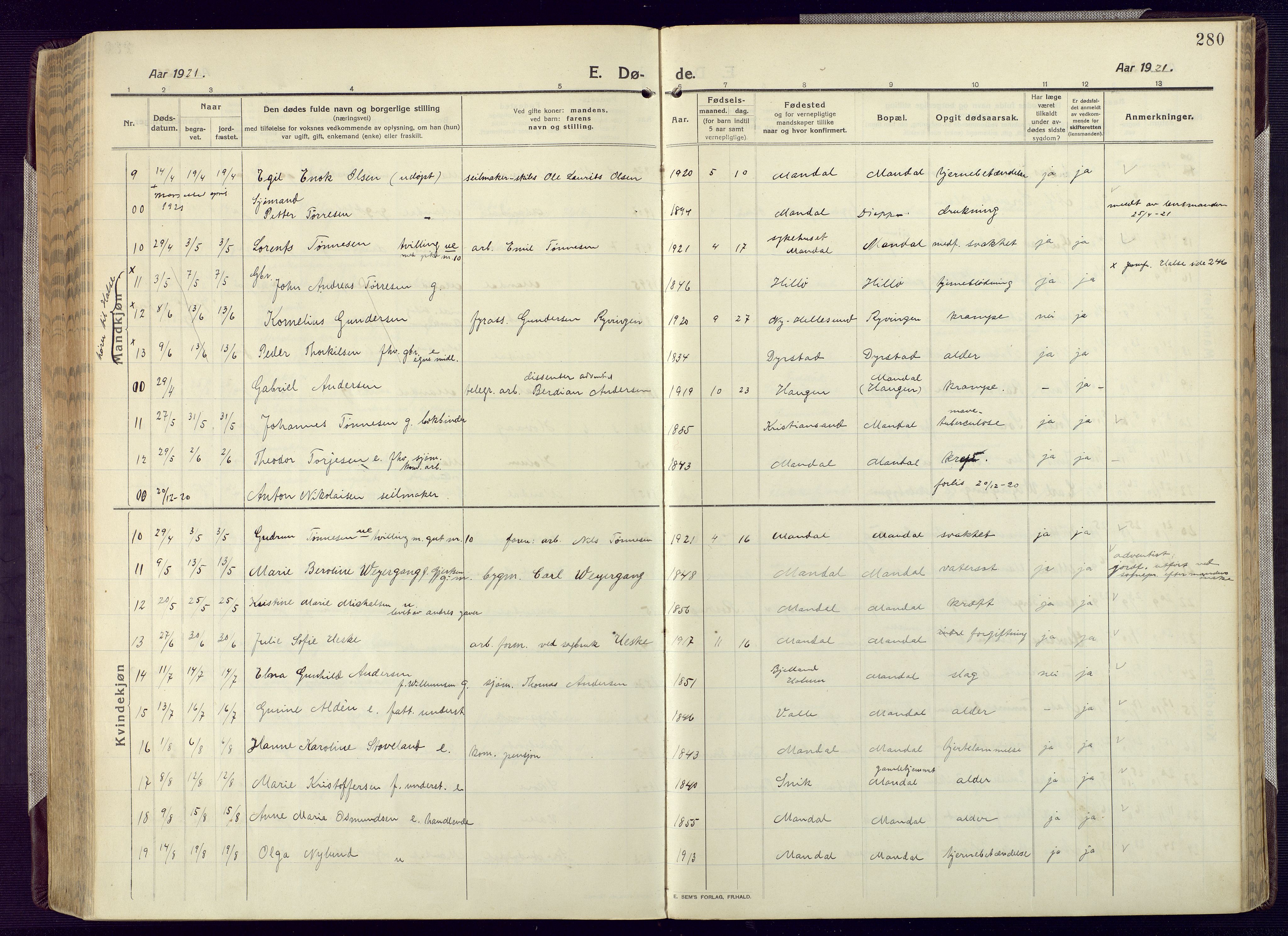 Mandal sokneprestkontor, AV/SAK-1111-0030/F/Fa/Fac/L0001: Parish register (official) no. A 1, 1913-1925, p. 280