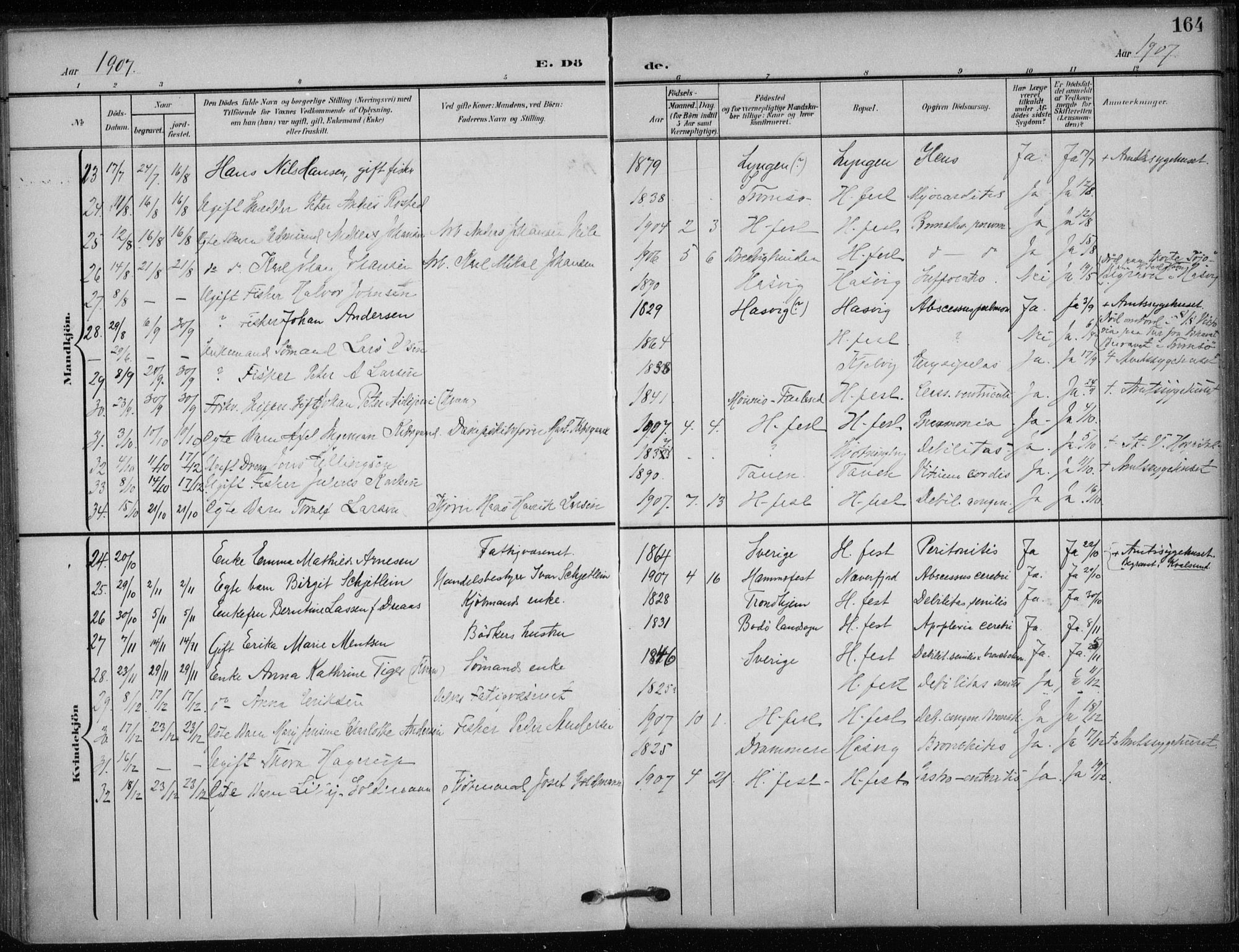 Hammerfest sokneprestkontor, AV/SATØ-S-1347/H/Ha/L0014.kirke: Parish register (official) no. 14, 1906-1916, p. 164