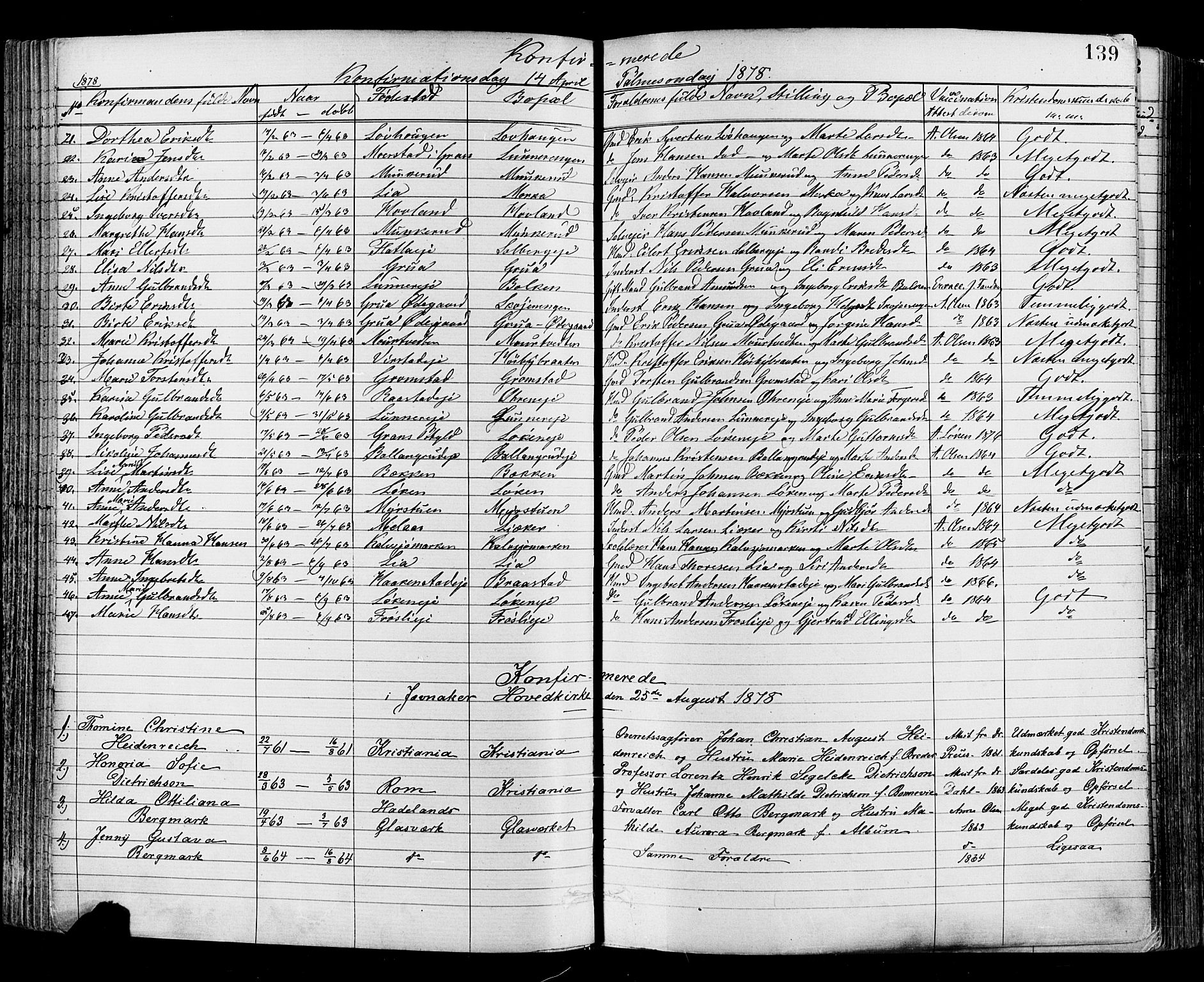 Jevnaker prestekontor, SAH/PREST-116/H/Ha/Haa/L0008: Parish register (official) no. 8, 1877-1890, p. 139