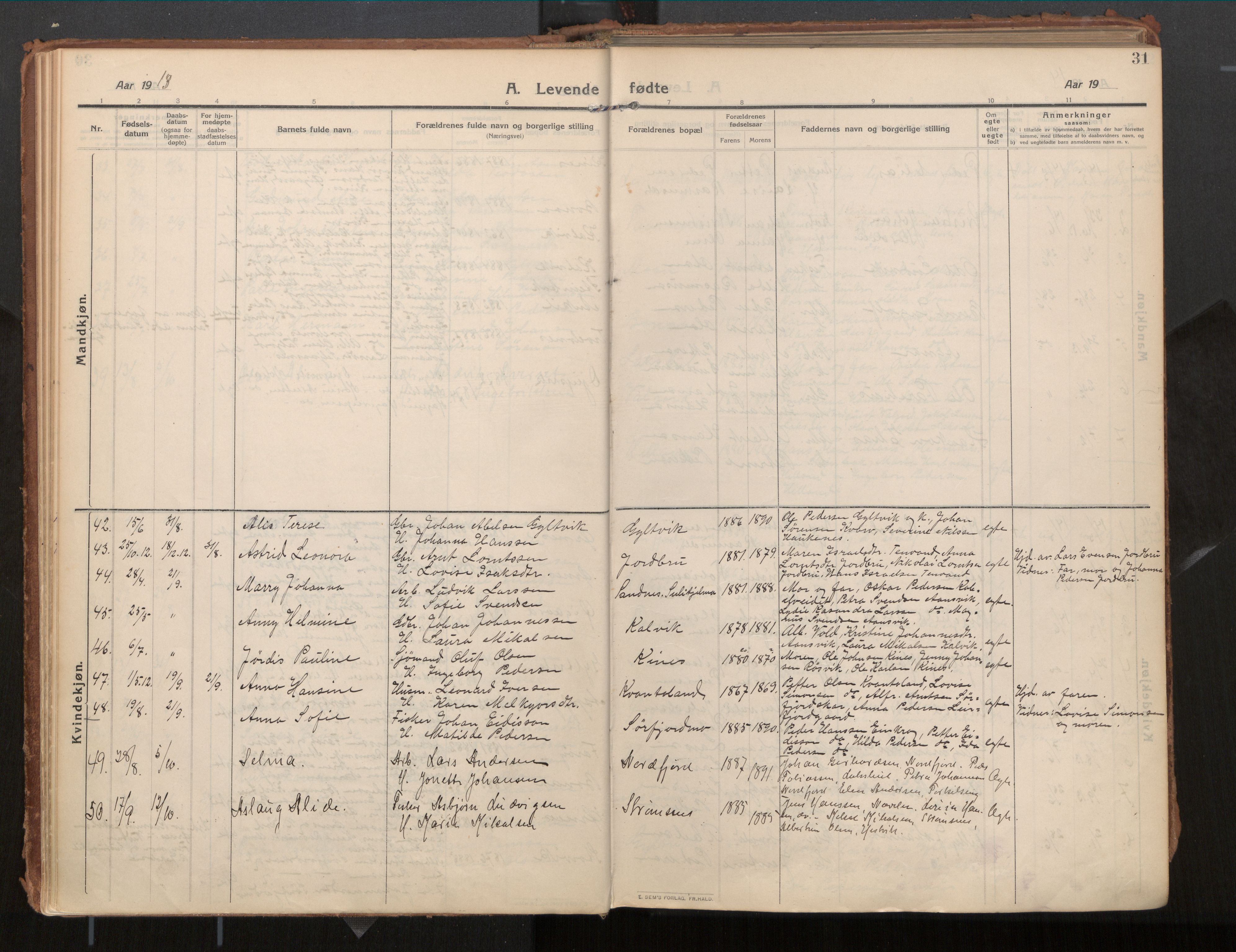 Ministerialprotokoller, klokkerbøker og fødselsregistre - Nordland, AV/SAT-A-1459/854/L0784: Parish register (official) no. 854A07, 1910-1922, p. 31