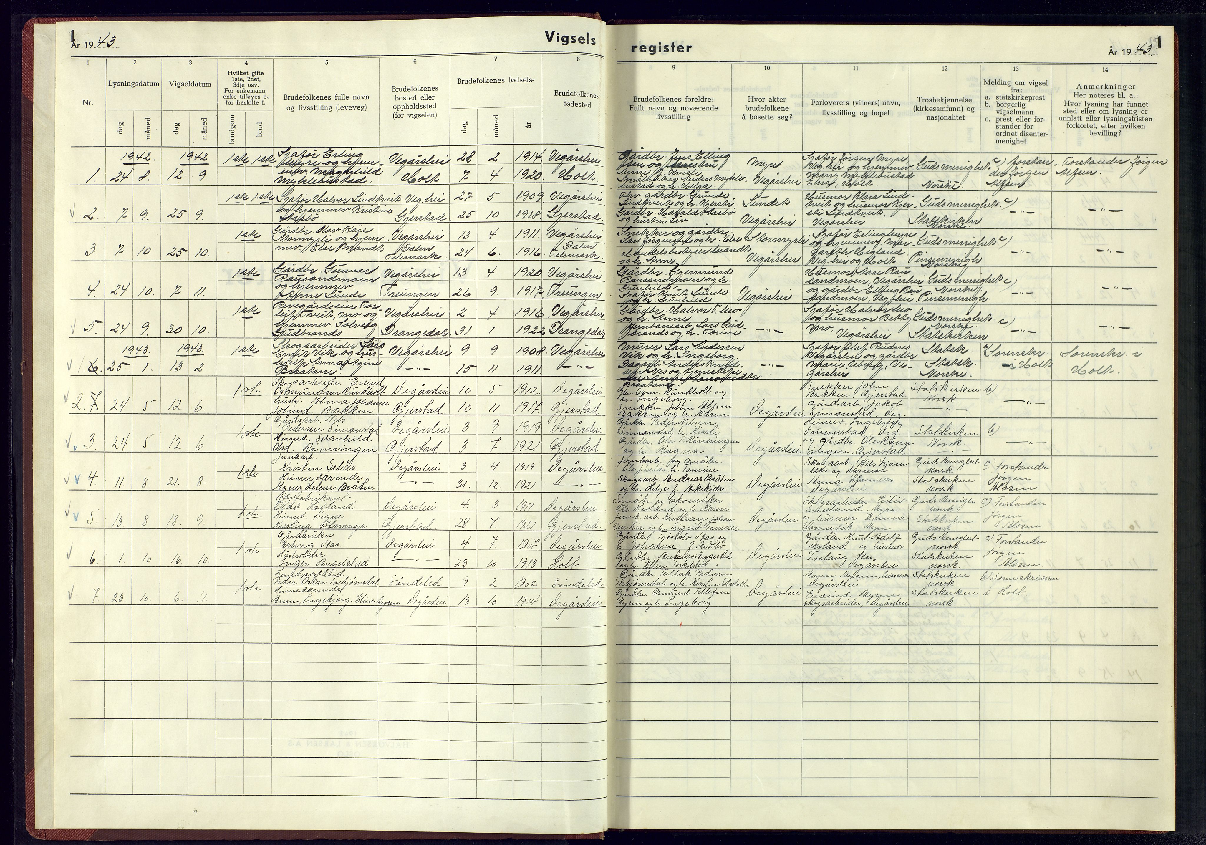 Gjerstad sokneprestkontor, SAK/1111-0014/J/Je/L0004: Marriage register no. A-VI-6, 1942-1945, p. 1