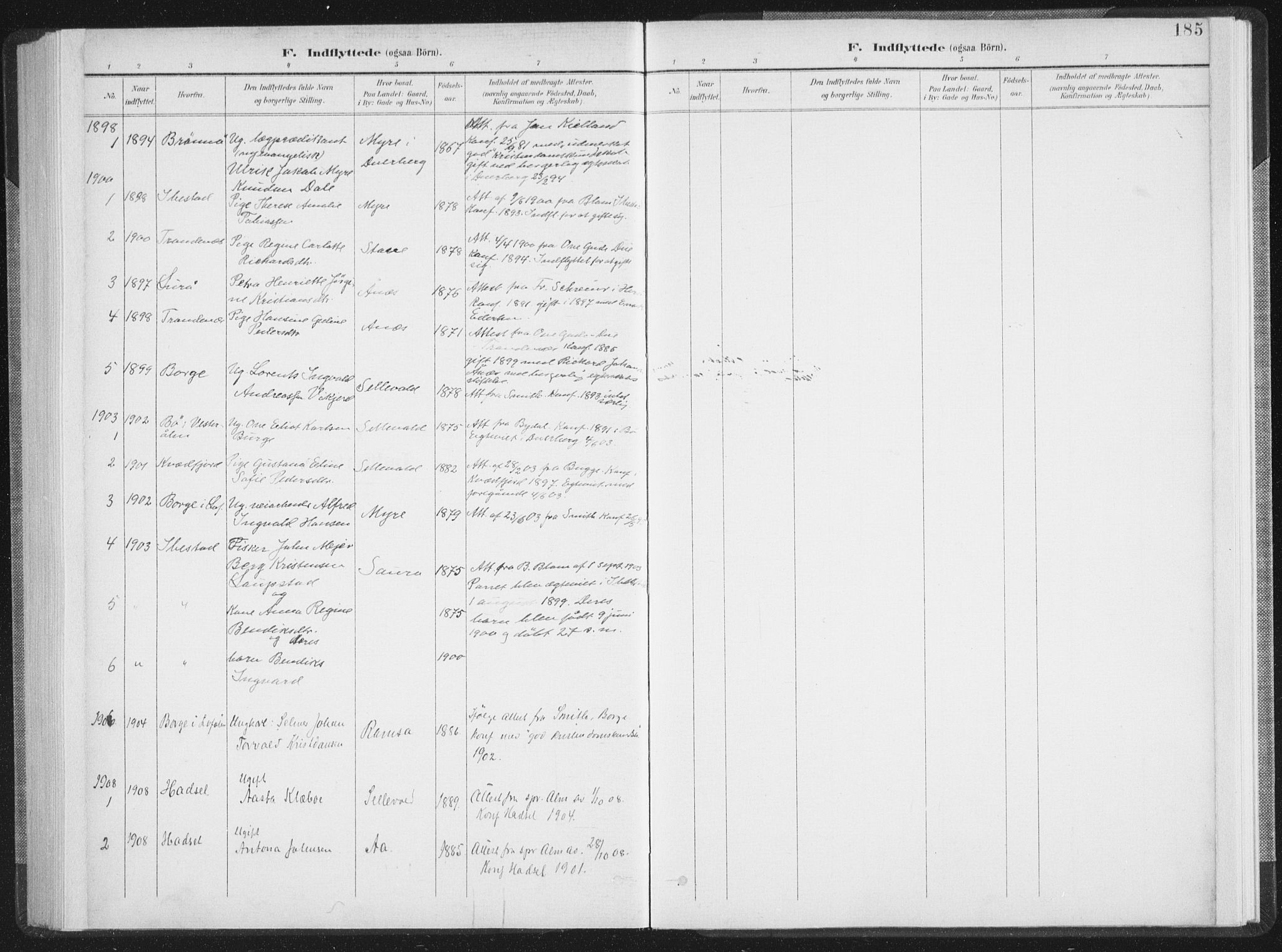 Ministerialprotokoller, klokkerbøker og fødselsregistre - Nordland, SAT/A-1459/897/L1400: Parish register (official) no. 897A07, 1897-1908, p. 185