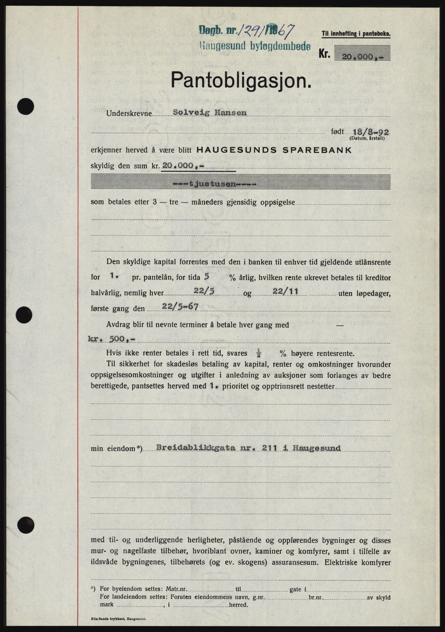 Haugesund tingrett, SAST/A-101415/01/II/IIC/L0056: Mortgage book no. B 56, 1966-1967, Diary no: : 1291/1967