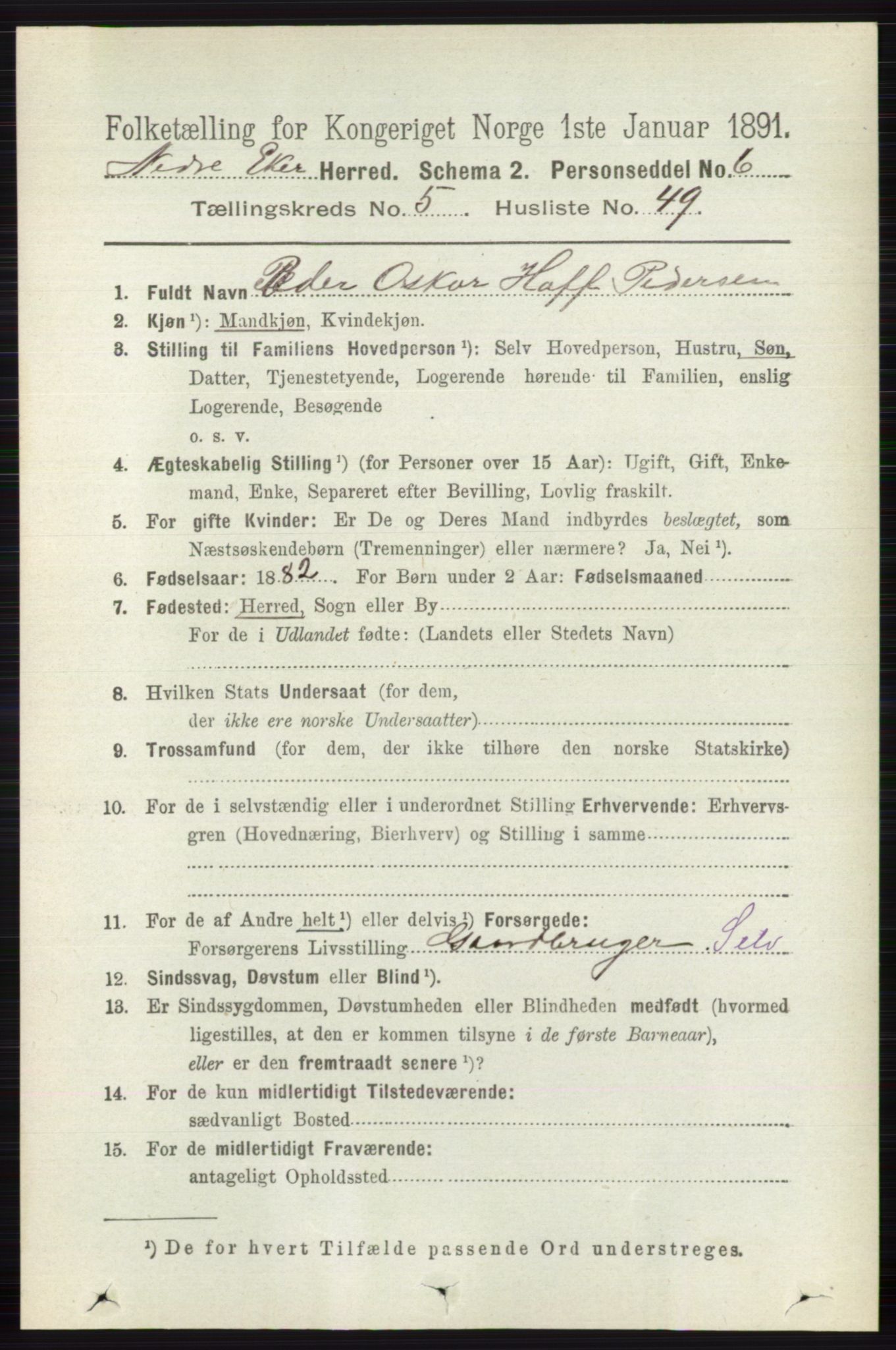 RA, 1891 census for 0625 Nedre Eiker, 1891, p. 2630