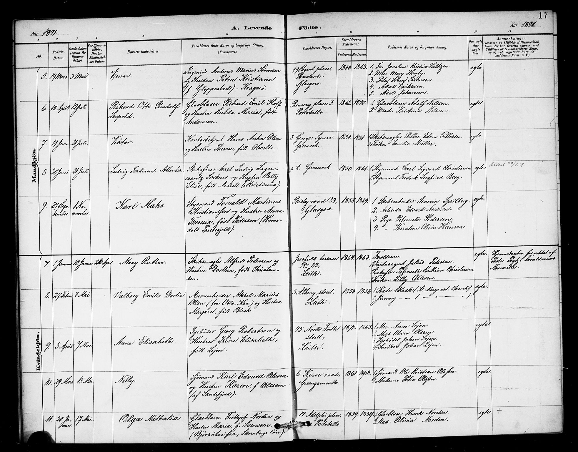 Den norske sjømannsmisjon i utlandet/Skotske havner (Leith, Glasgow), SAB/SAB/PA-0100/H/Ha/Haa/L0003: Parish register (official) no. A 3, 1887-1898, p. 17