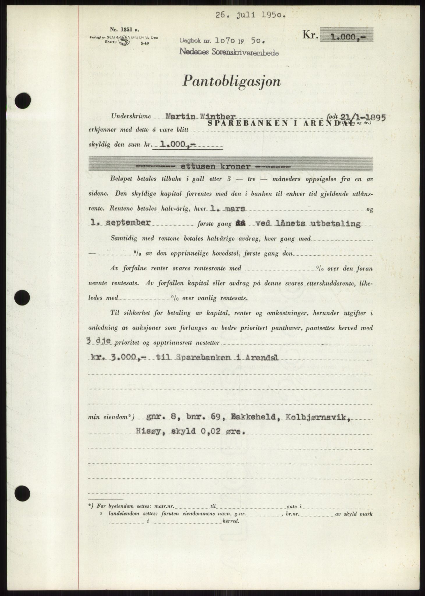 Nedenes sorenskriveri, AV/SAK-1221-0006/G/Gb/Gbb/L0007: Mortgage book no. B7, 1949-1950, Diary no: : 1070/1950