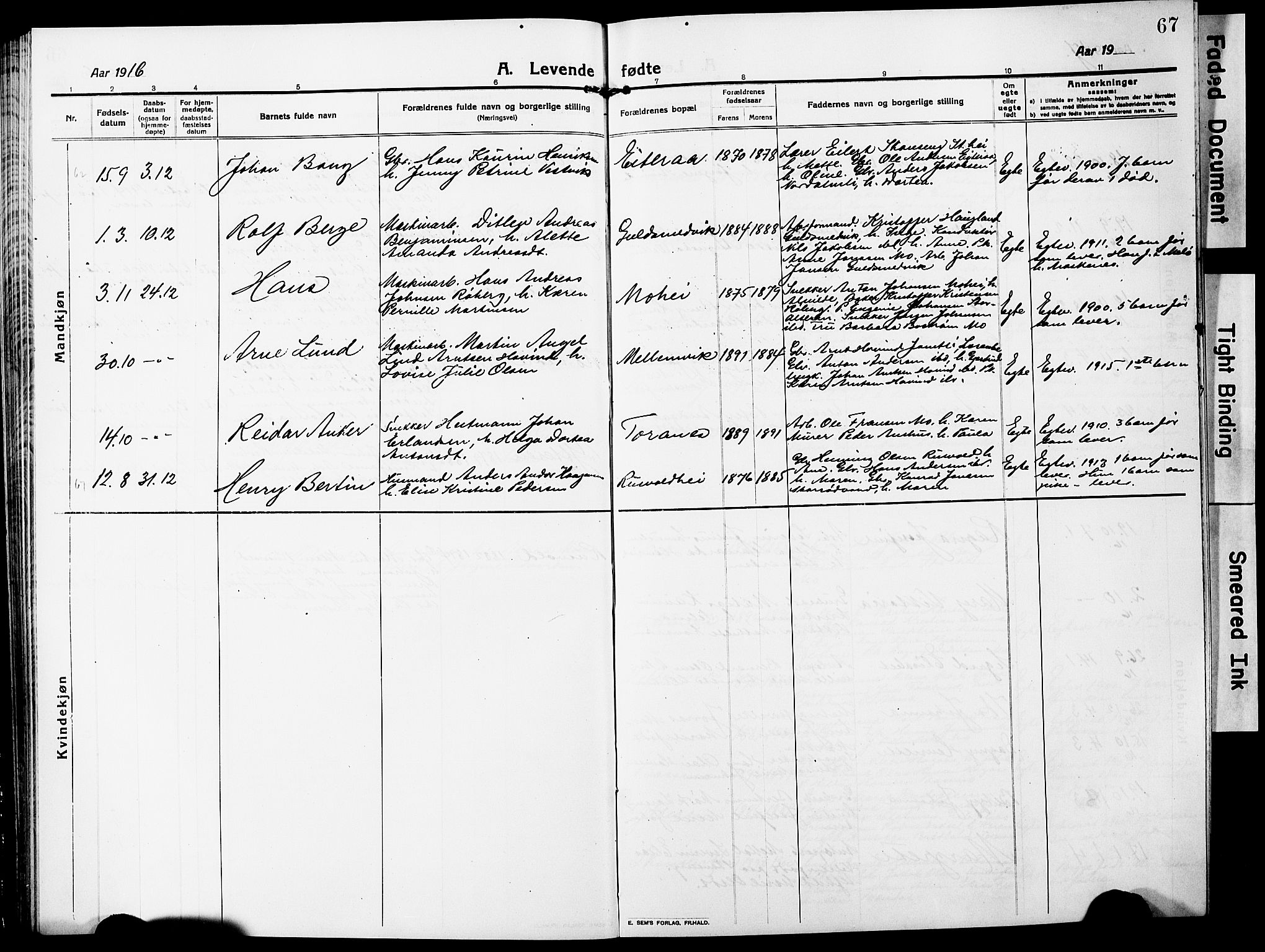 Ministerialprotokoller, klokkerbøker og fødselsregistre - Nordland, AV/SAT-A-1459/827/L0423: Parish register (copy) no. 827C12, 1912-1930, p. 67