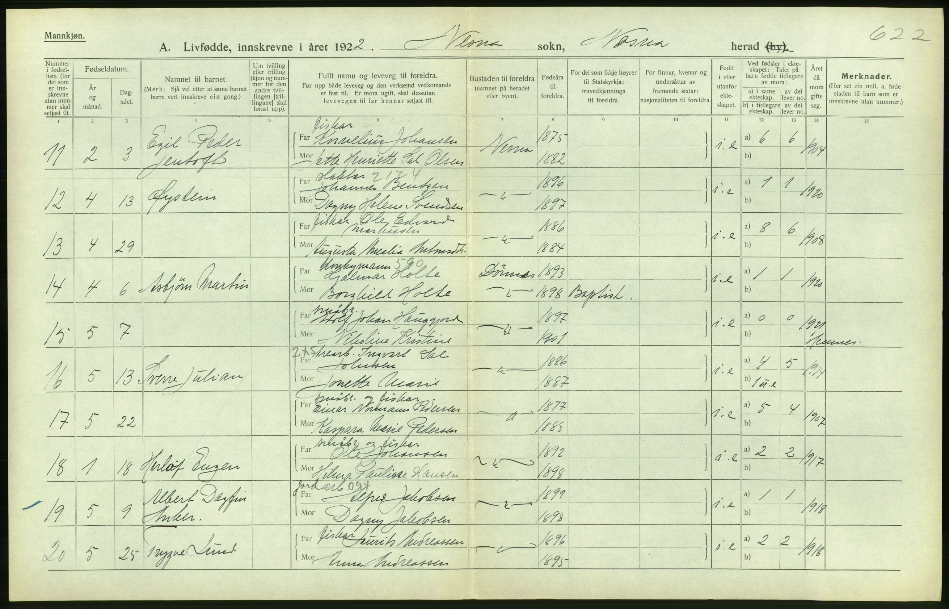 Statistisk sentralbyrå, Sosiodemografiske emner, Befolkning, RA/S-2228/D/Df/Dfc/Dfcb/L0044: Nordland fylke: Levendefødte menn og kvinner. Bygder og byer., 1922, p. 218