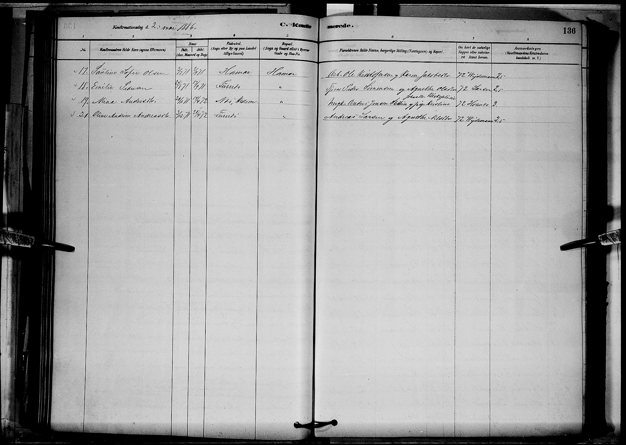 Vang prestekontor, Hedmark, AV/SAH-PREST-008/H/Ha/Hab/L0012: Parish register (copy) no. 12, 1878-1889, p. 136