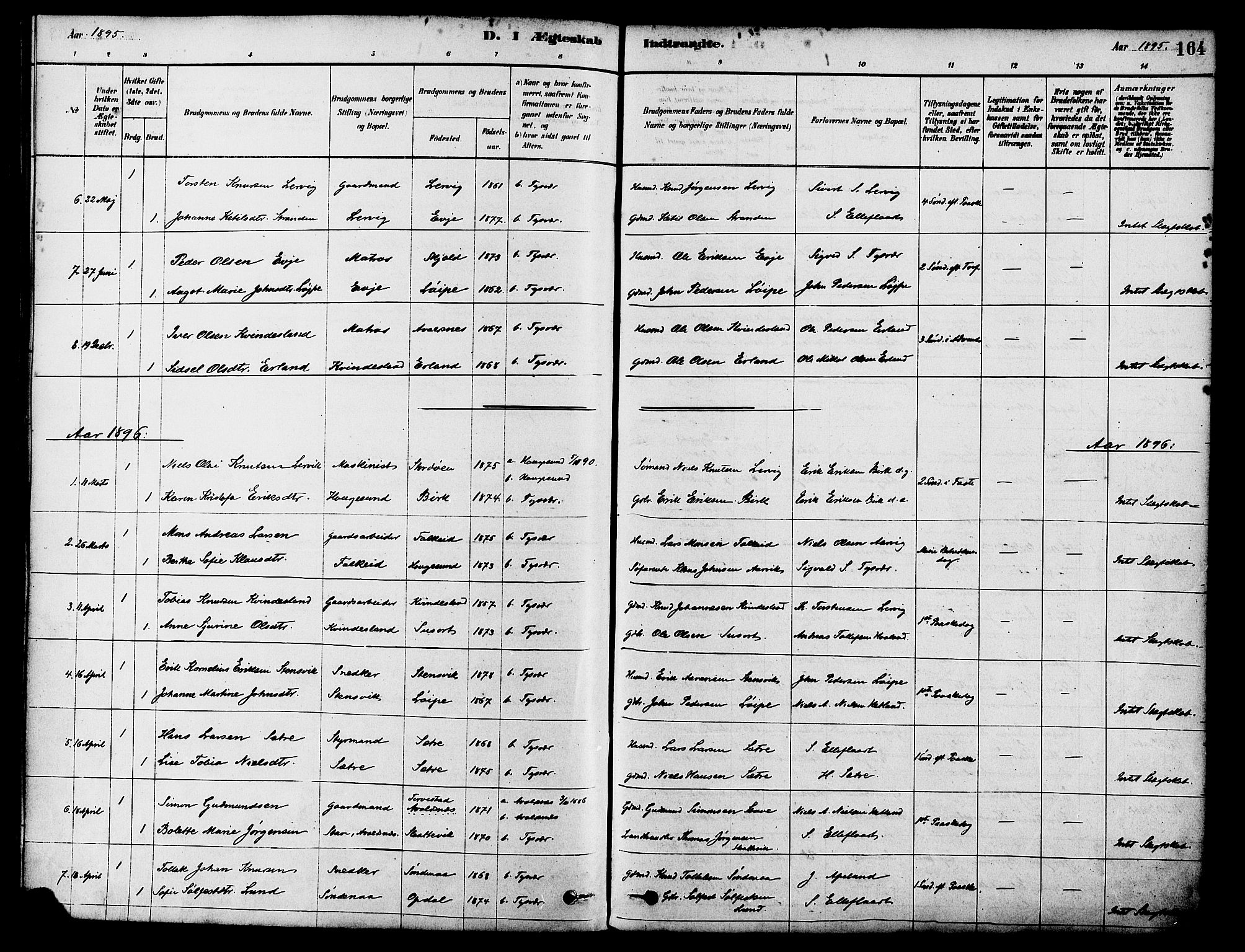 Tysvær sokneprestkontor, SAST/A -101864/H/Ha/Haa/L0006: Parish register (official) no. A 6, 1878-1896, p. 164