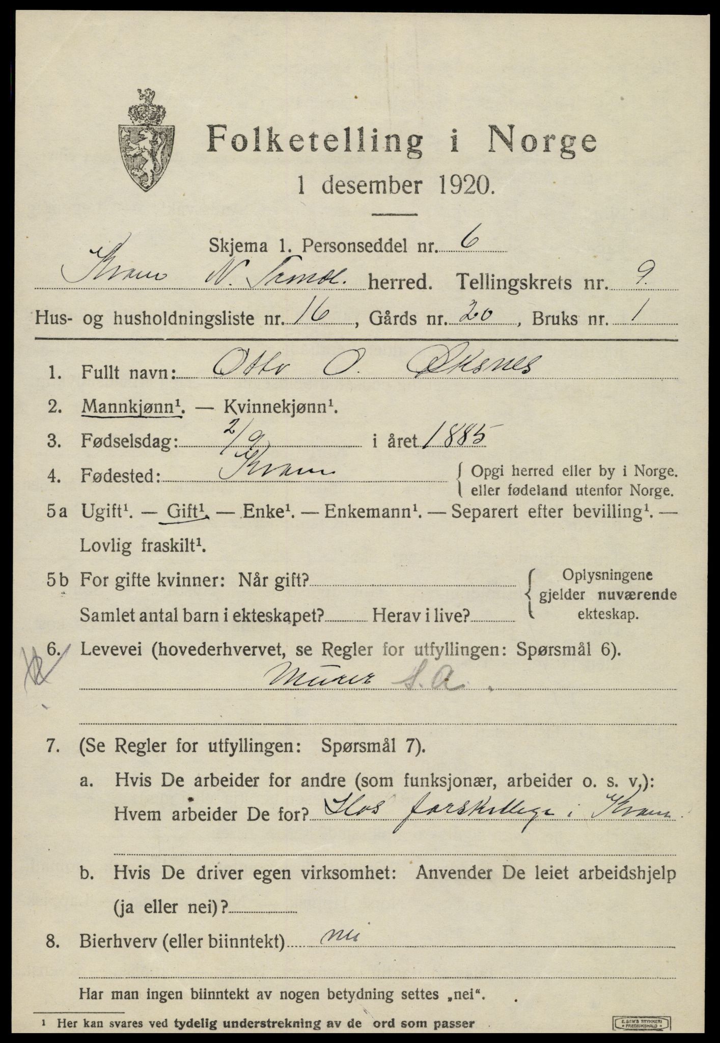 SAT, 1920 census for Kvam, 1920, p. 2511