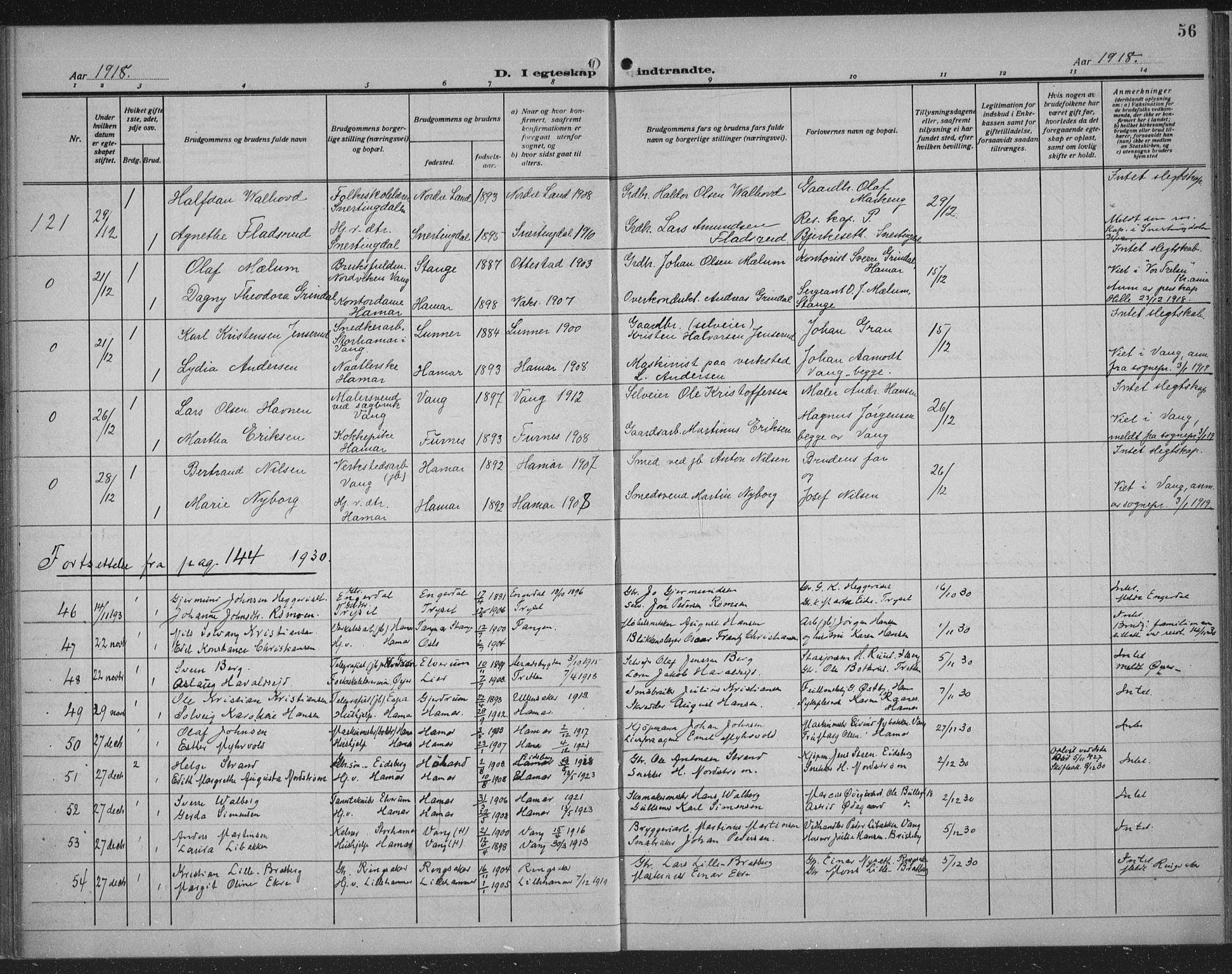 Hamar prestekontor, SAH/DOMPH-002/H/Ha/Haa/L0003: Parish register (official) no. 3, 1913-1930, p. 56