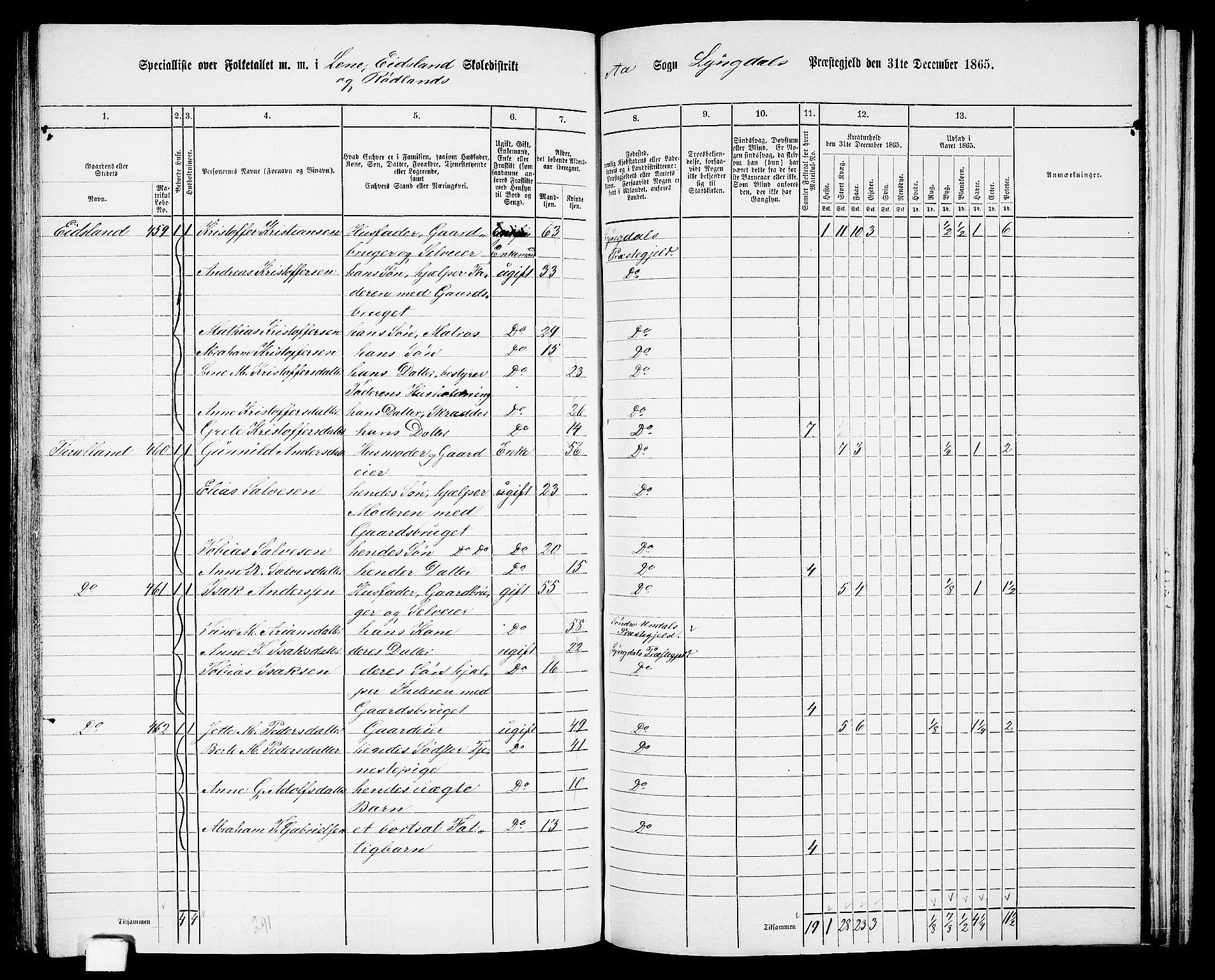 RA, 1865 census for Lyngdal, 1865, p. 188